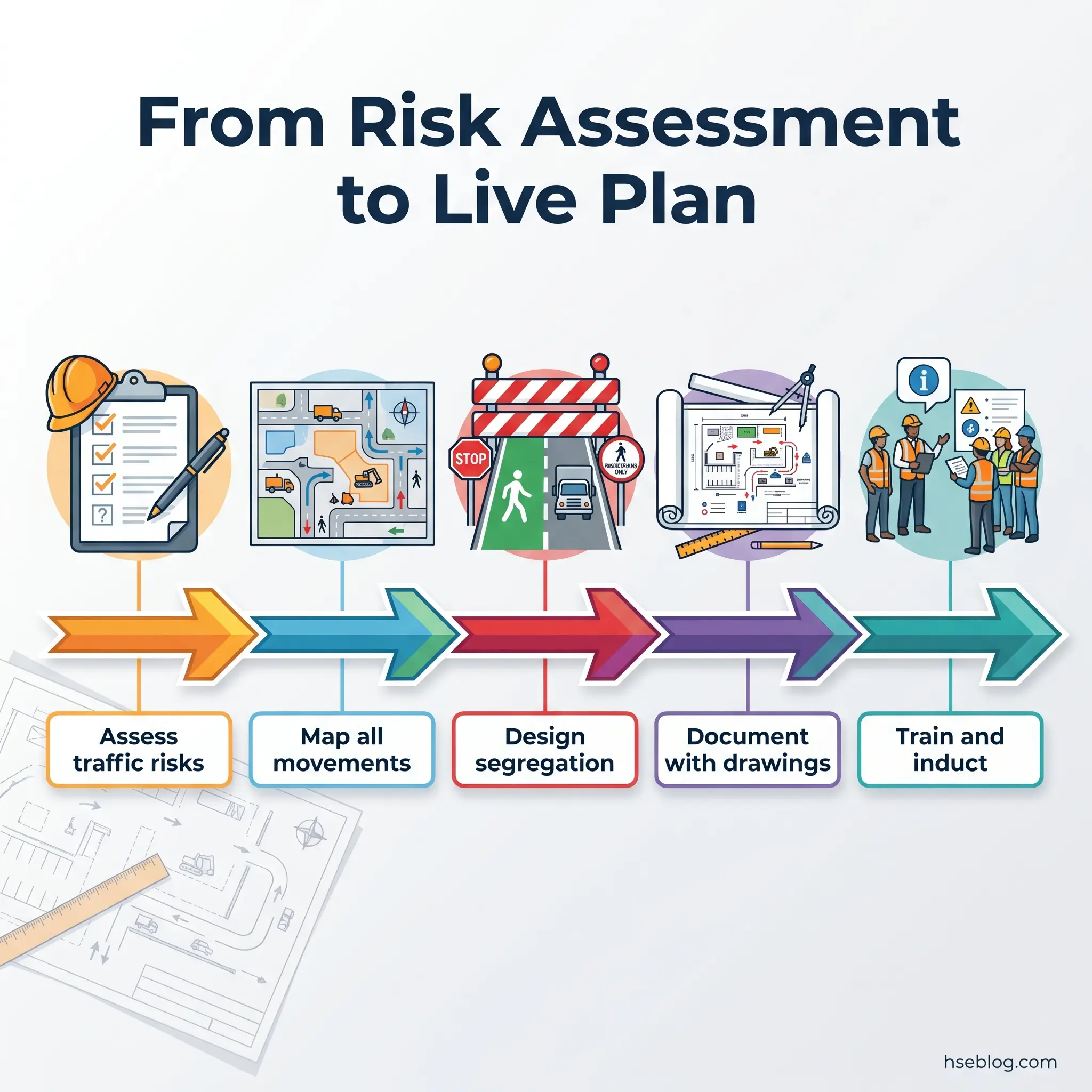 Infographic showing five-step process for traffic safety planning: assess risks, map movements, design segregation, document with drawings, and train staff, with colored arrows connecting each phase.