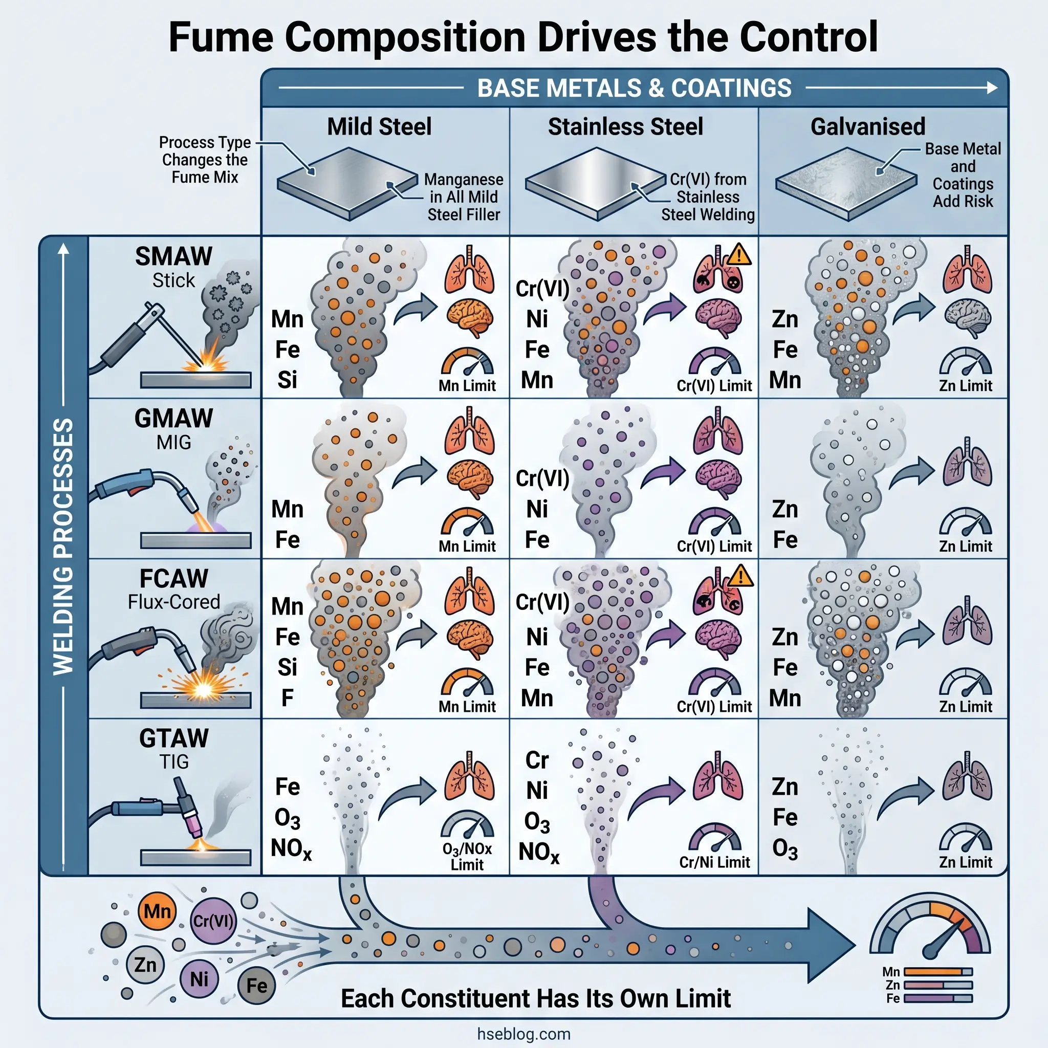 Infographic showing how welding process type and base metal composition affect fume generation, with SMAW, GMAW, FCAW, and GTAW processes compared across mild steel, stainless steel, and galvanised materials.