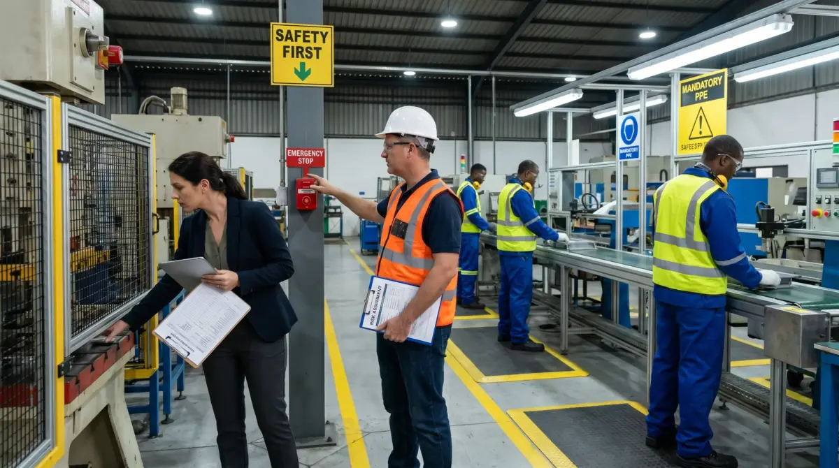 Industrial factory floor with safety-focused environment showing workers in hard hats and high-visibility vests conducting inspections near machinery, with prominent safety signage including "Safety First" and "Mandatory PPE" signs.