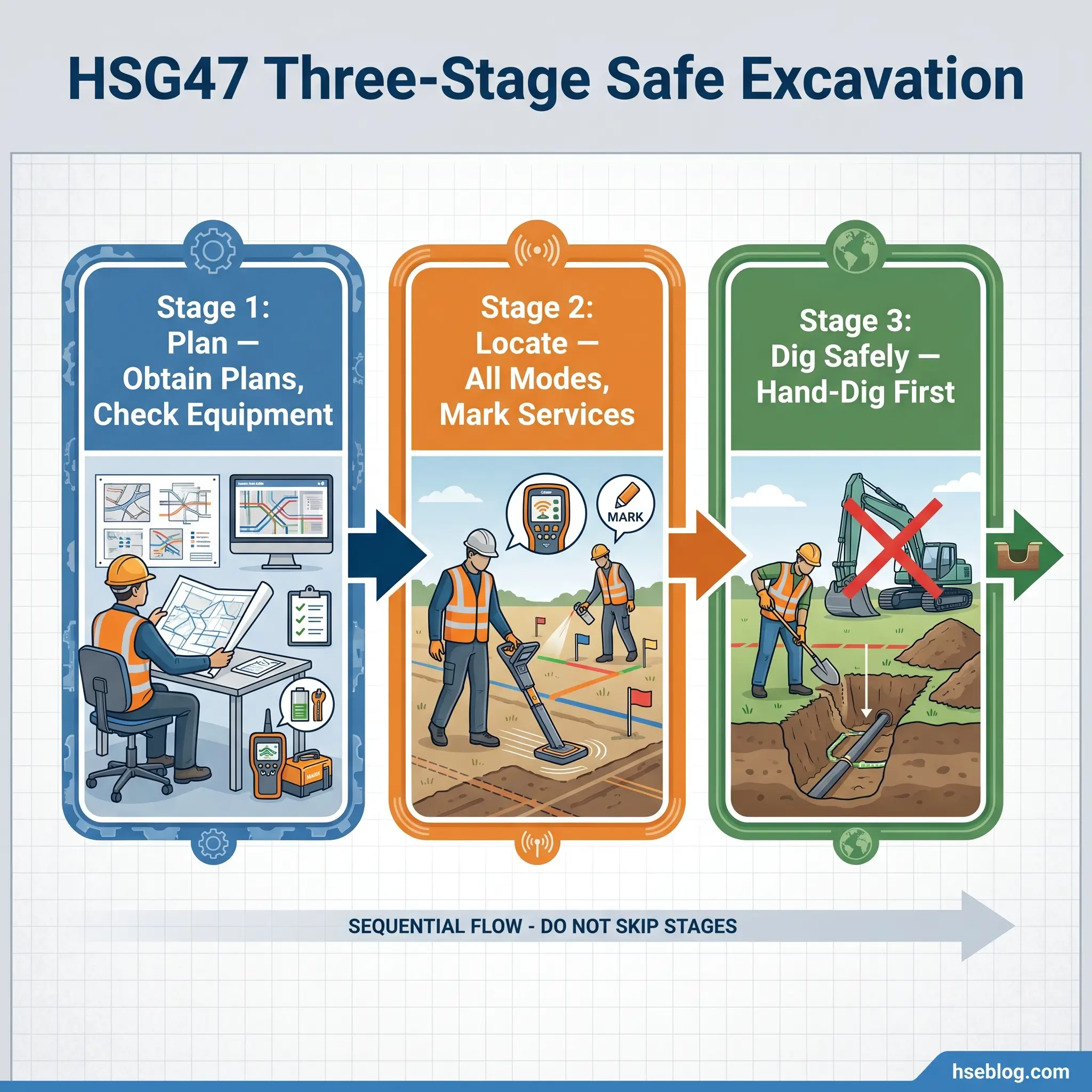 Infographic showing HSG47 three-stage safe excavation process: Stage 1 planning with blueprints, Stage 2 locating underground services with detection equipment, and Stage 3 hand-digging safely with proper equipment, connected by sequential flow arrows.