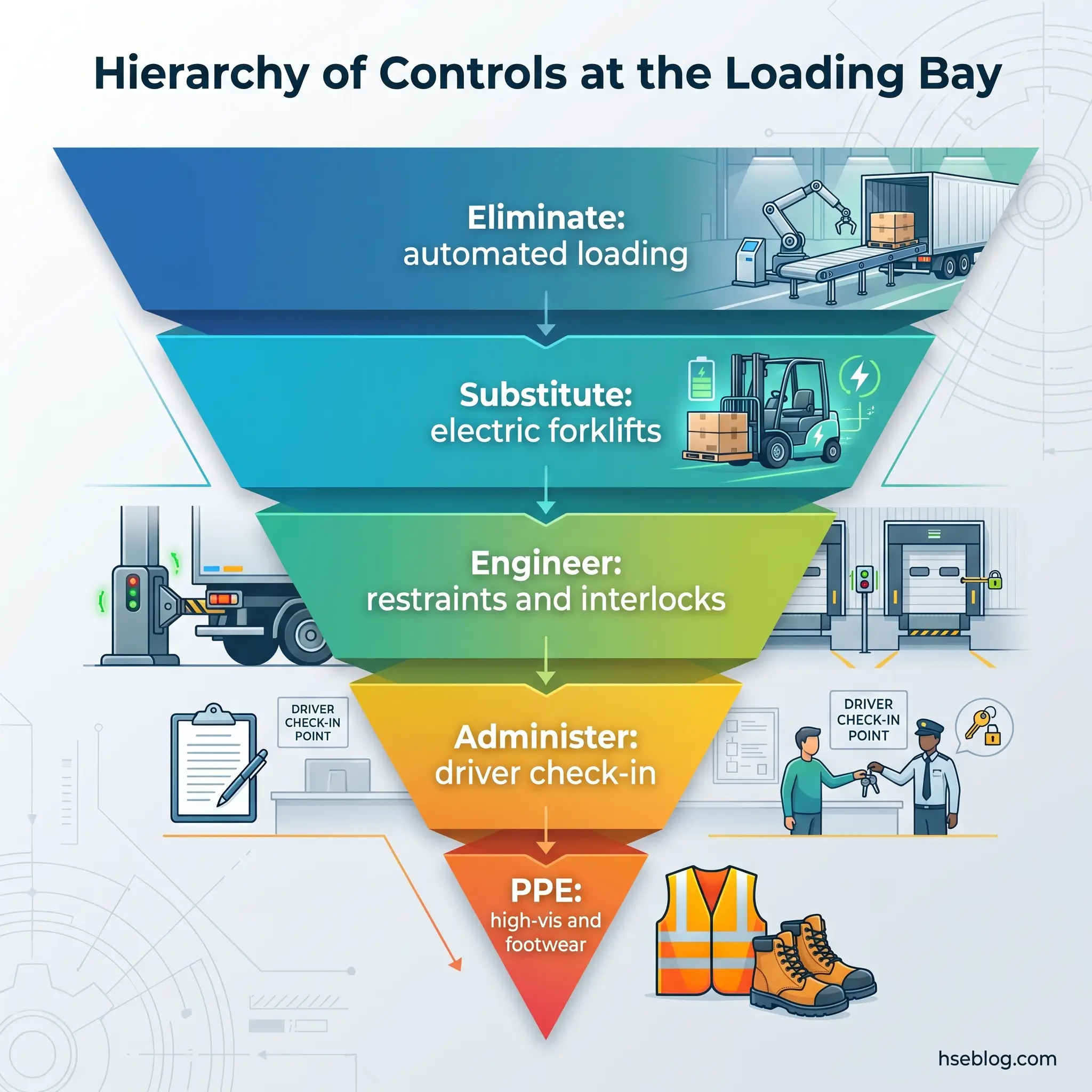 Hierarchy of Controls pyramid showing loading bay safety measures from most to least effective: eliminate automated loading, substitute electric forklifts, engineer restraints and interlocks, administer driver check-ins, and use PPE like high-visibility vests and safety footwear.