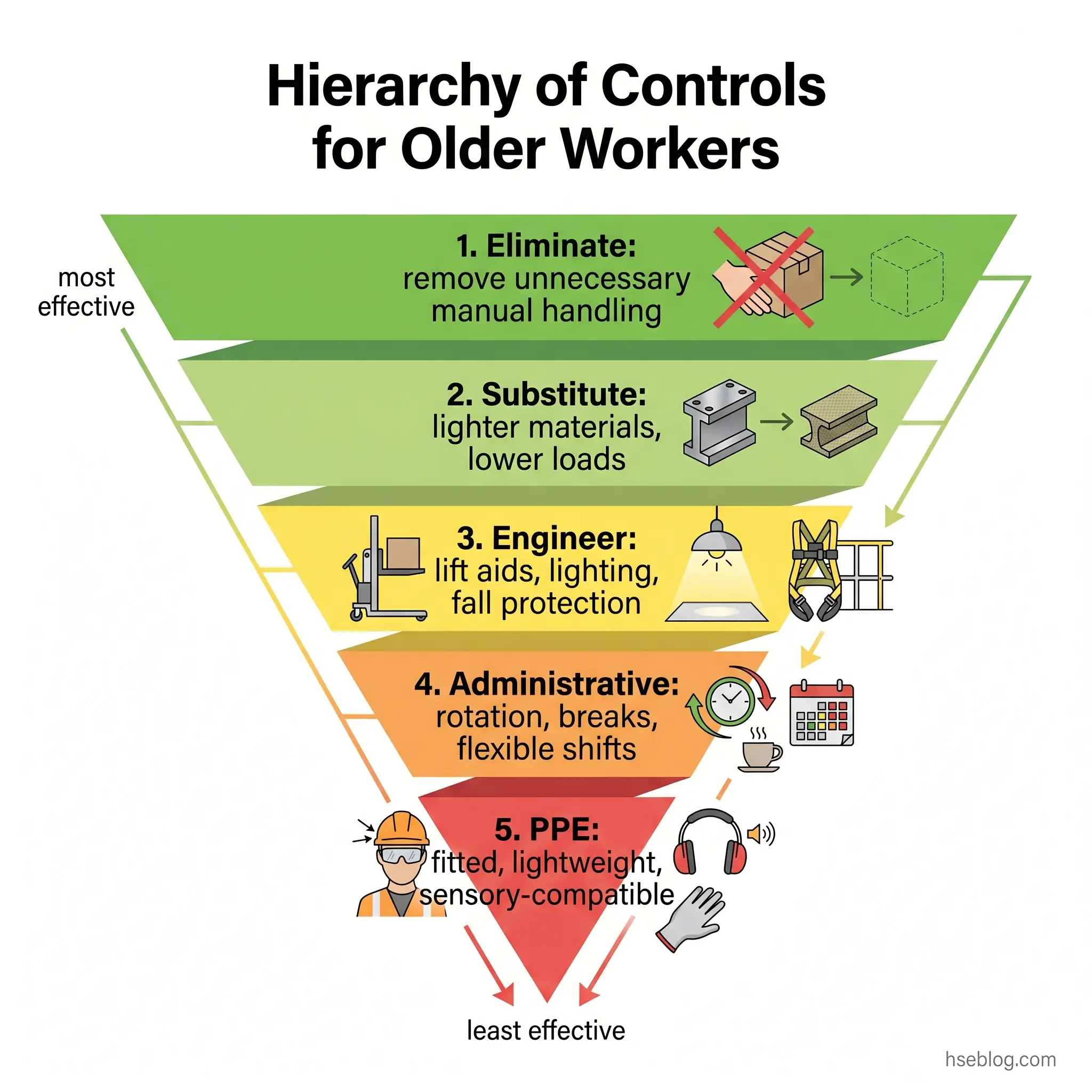 Inverted pyramid diagram showing the hierarchy of workplace safety controls for older workers, ranked from most to least effective: eliminate hazards, substitute materials, engineer solutions, implement administrative changes, and use personal protective equipment.