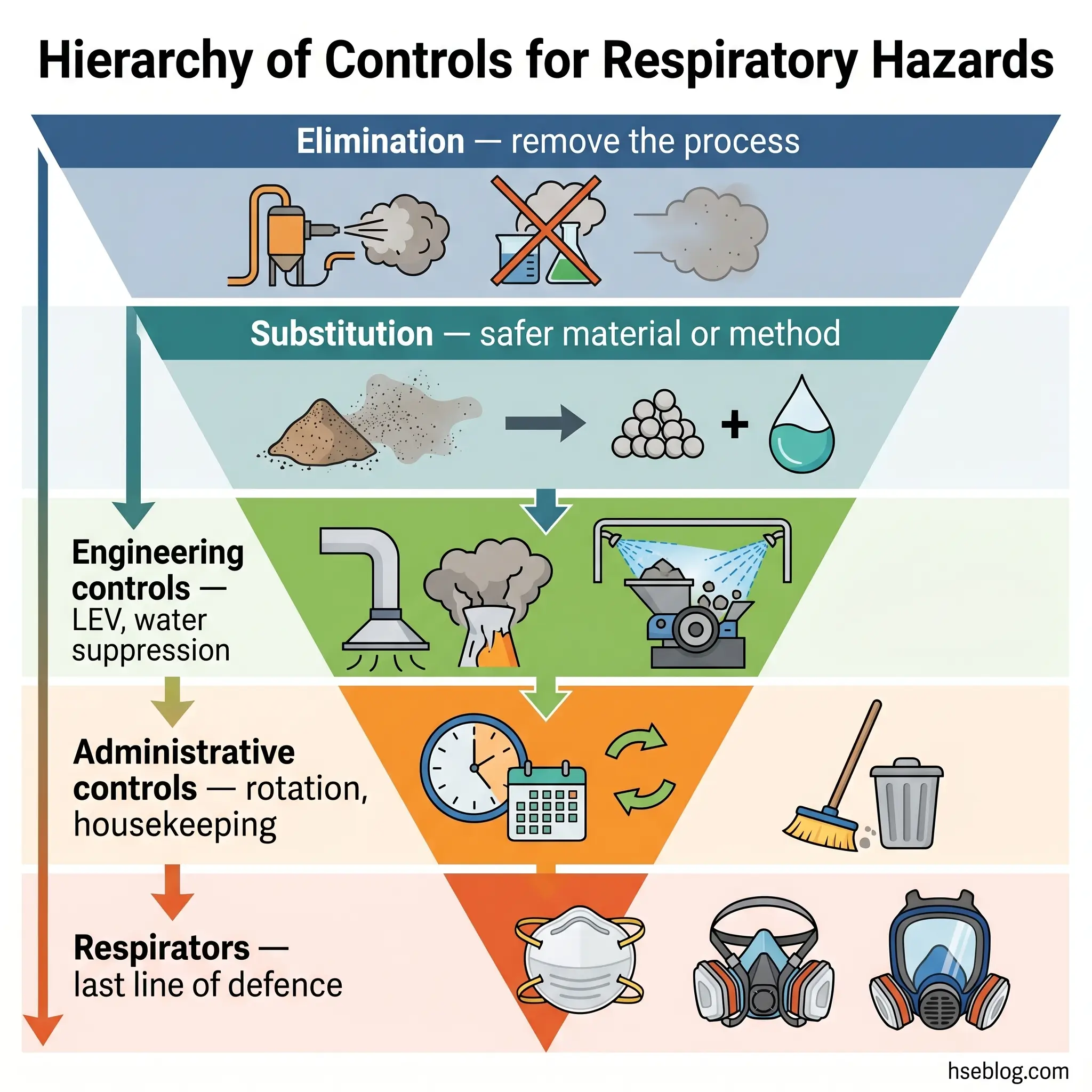 Hierarchy of controls pyramid showing five levels for managing respiratory hazards, from elimination at top through substitution, engineering controls, administrative controls, to respirators at bottom as last line of defense.