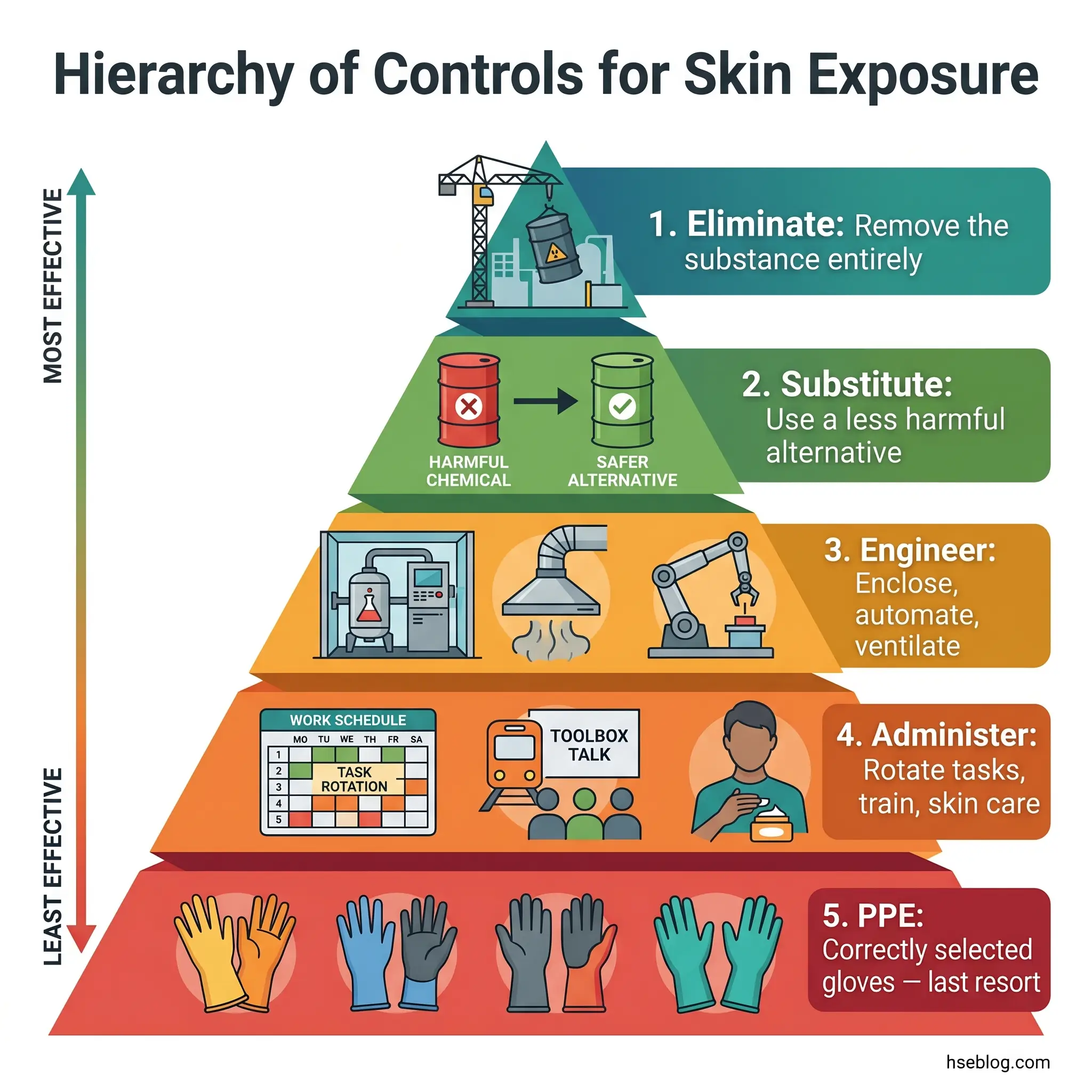 Pyramid diagram showing the hierarchy of controls for skin exposure, from most to least effective: eliminate hazards, substitute safer alternatives, engineer controls, administrative measures, and personal protective equipment.
