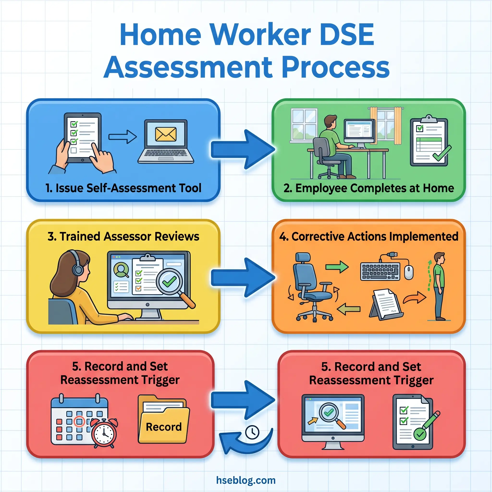 Flowchart showing the six-step Home Worker DSE Assessment Process: issuing self-assessment tools, employee completion at home, trained assessor review, corrective actions implementation, and recording reassessment triggers.