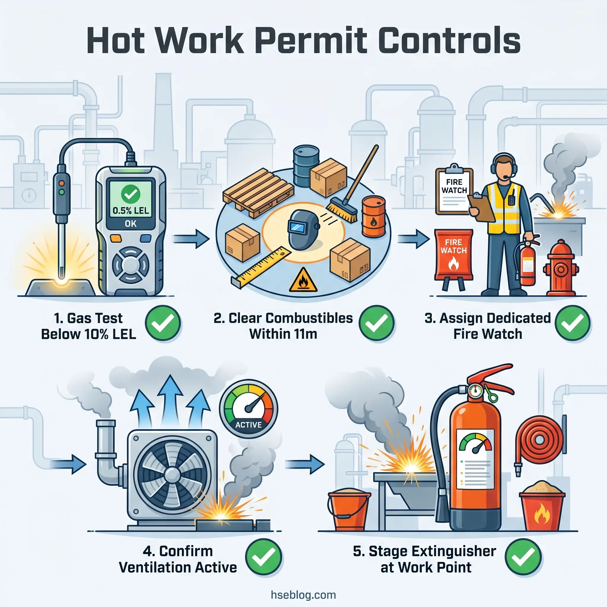 Five essential hot work permit safety controls illustrated step-by-step: gas testing below LEL, clearing combustibles, assigning fire watch, confirming ventilation, and staging fire extinguishers at the work point.