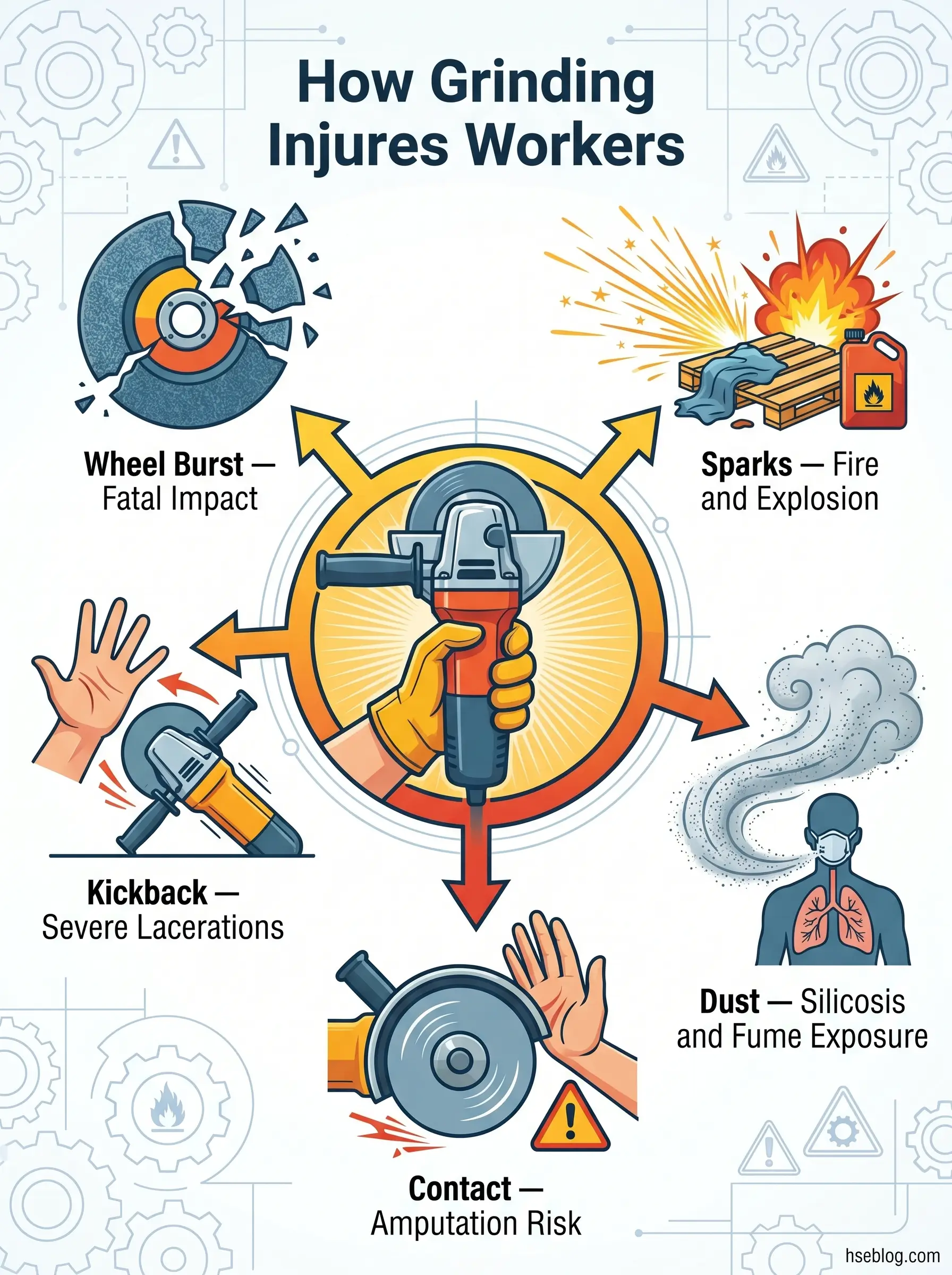 Infographic showing five major hazards of angle grinder use: wheel burst causing fatal impact, sparks leading to fire and explosion, kickback resulting in severe lacerations, dust exposure causing silicosis, and contact risk of amputation.