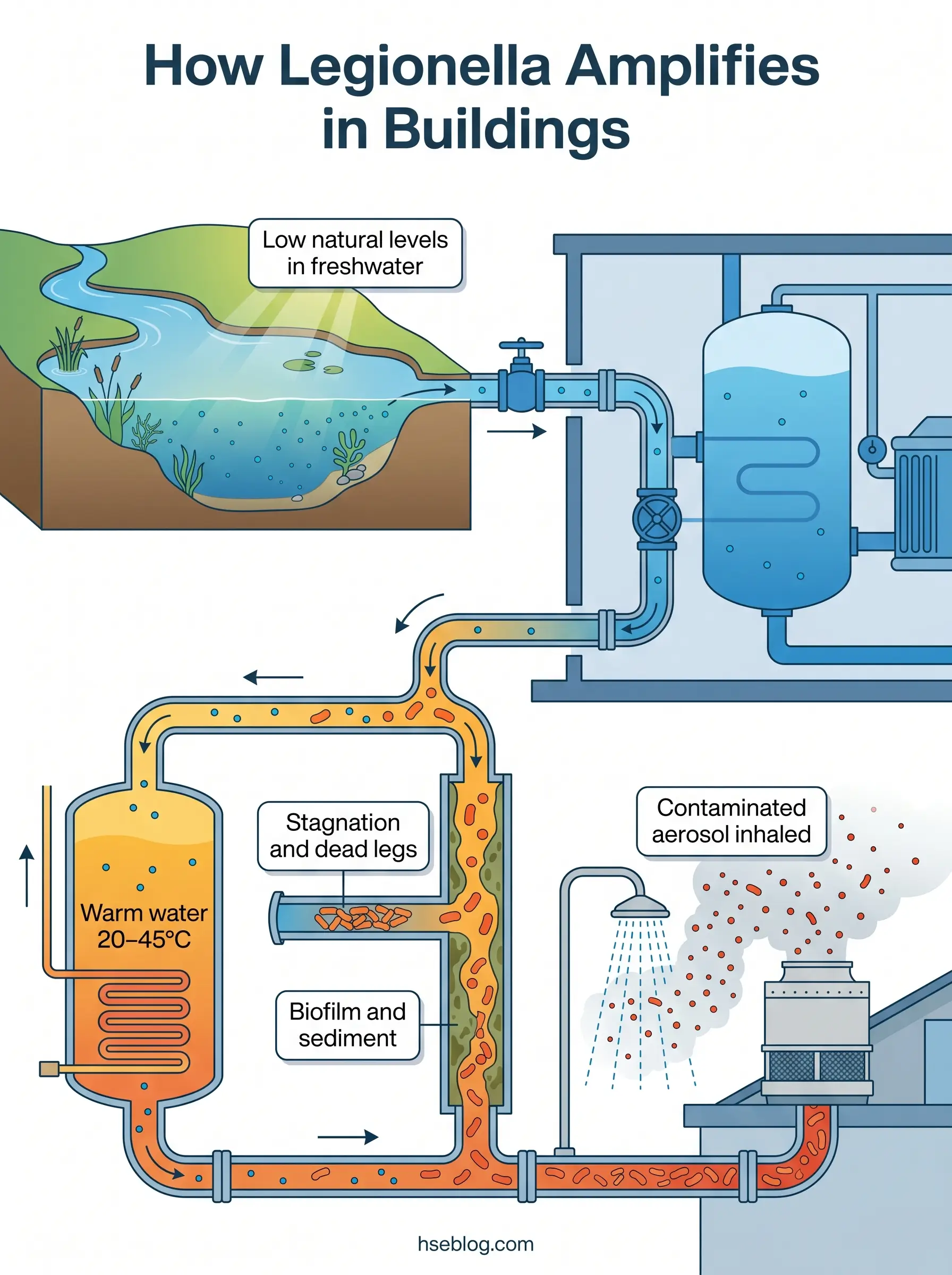 Infographic showing how Legionella bacteria amplifies in building water systems through warm stagnant water, biofilm formation, and aerosolized contamination from showers and cooling towers.