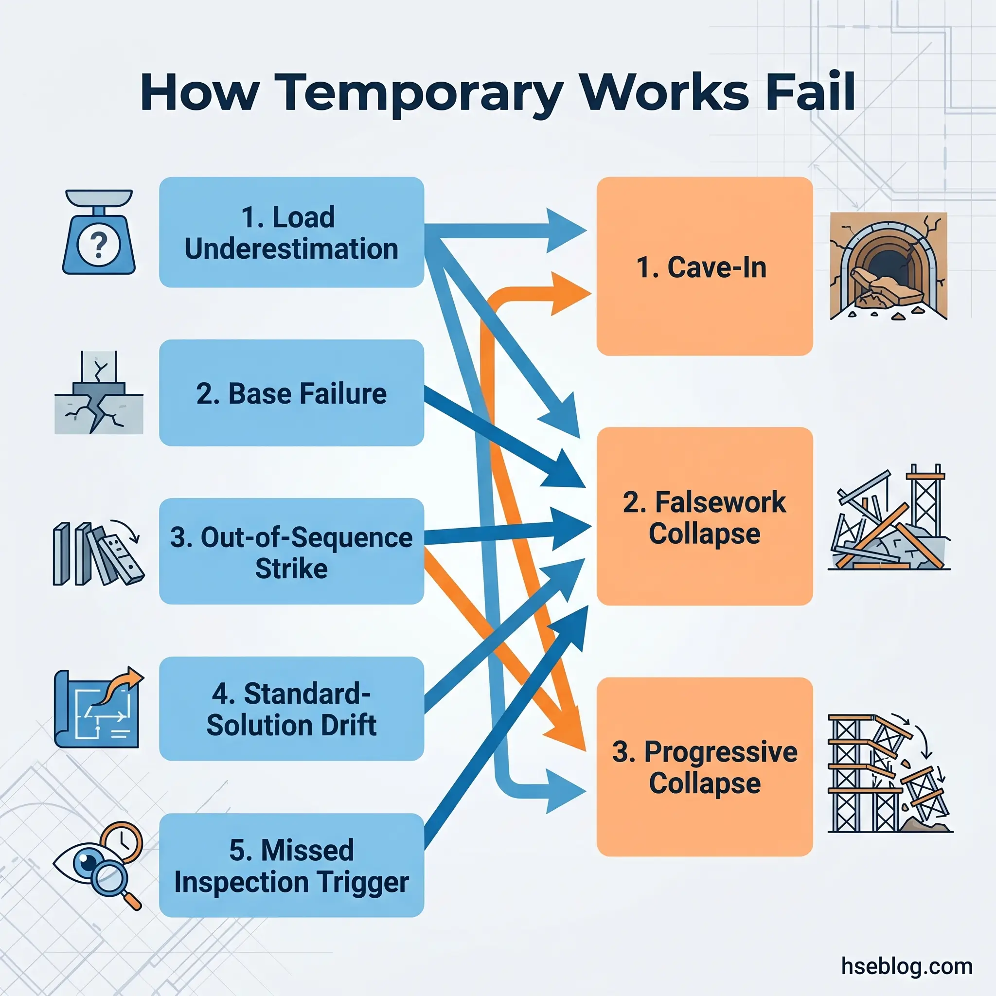Flowchart showing how temporary works fail, with five causes on the left including load underestimation and base failure leading to three failure outcomes on the right: cave-in, falsework collapse, and progressive collapse.