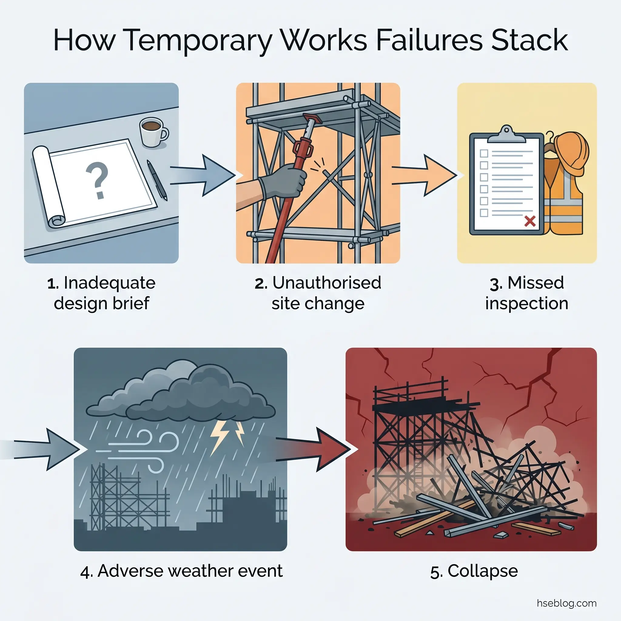 Infographic showing five sequential stages of construction project failures, from inadequate planning through design errors, unauthorized changes, missed inspections, weather delays, and final structural collapse.