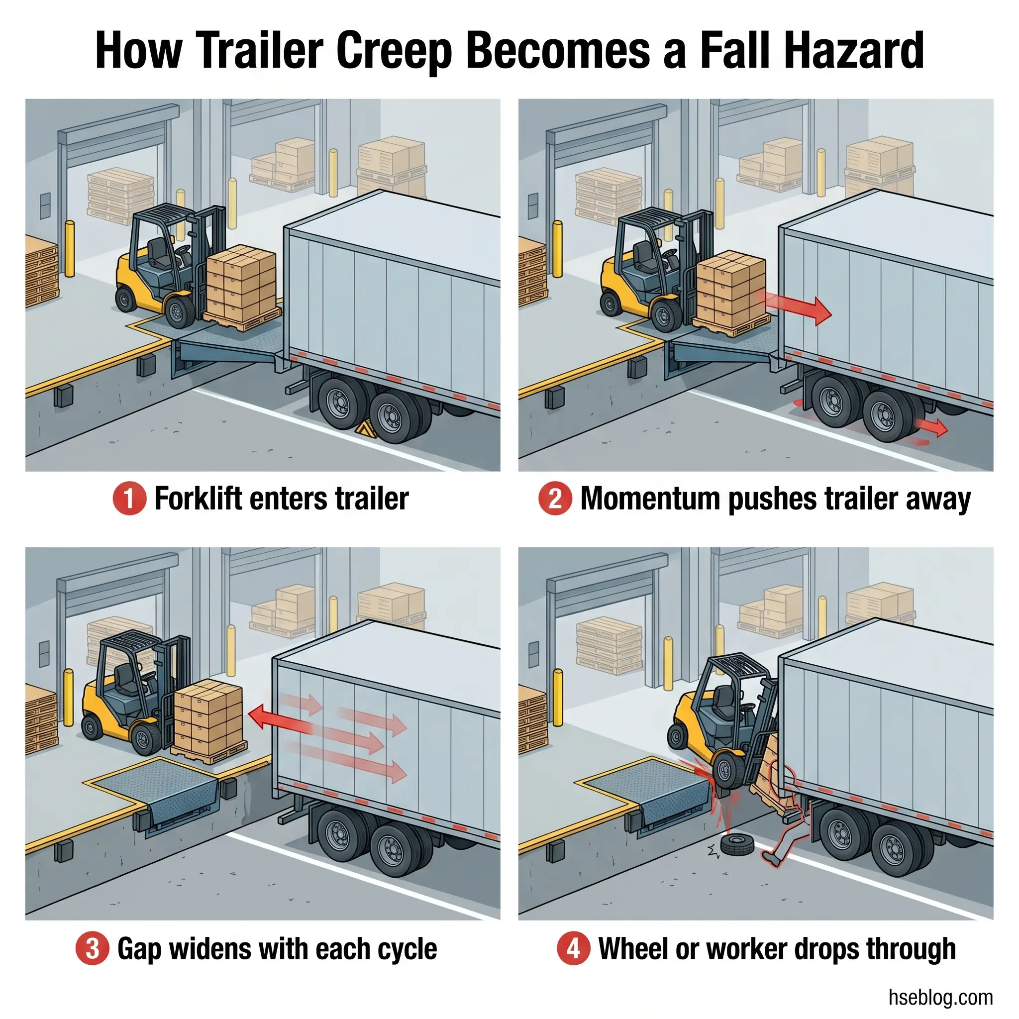 Four-panel diagram showing how trailer creep becomes a fall hazard: forklift enters trailer, momentum pushes trailer away, gap widens with repeated cycles, and worker or equipment falls through the dangerous gap.