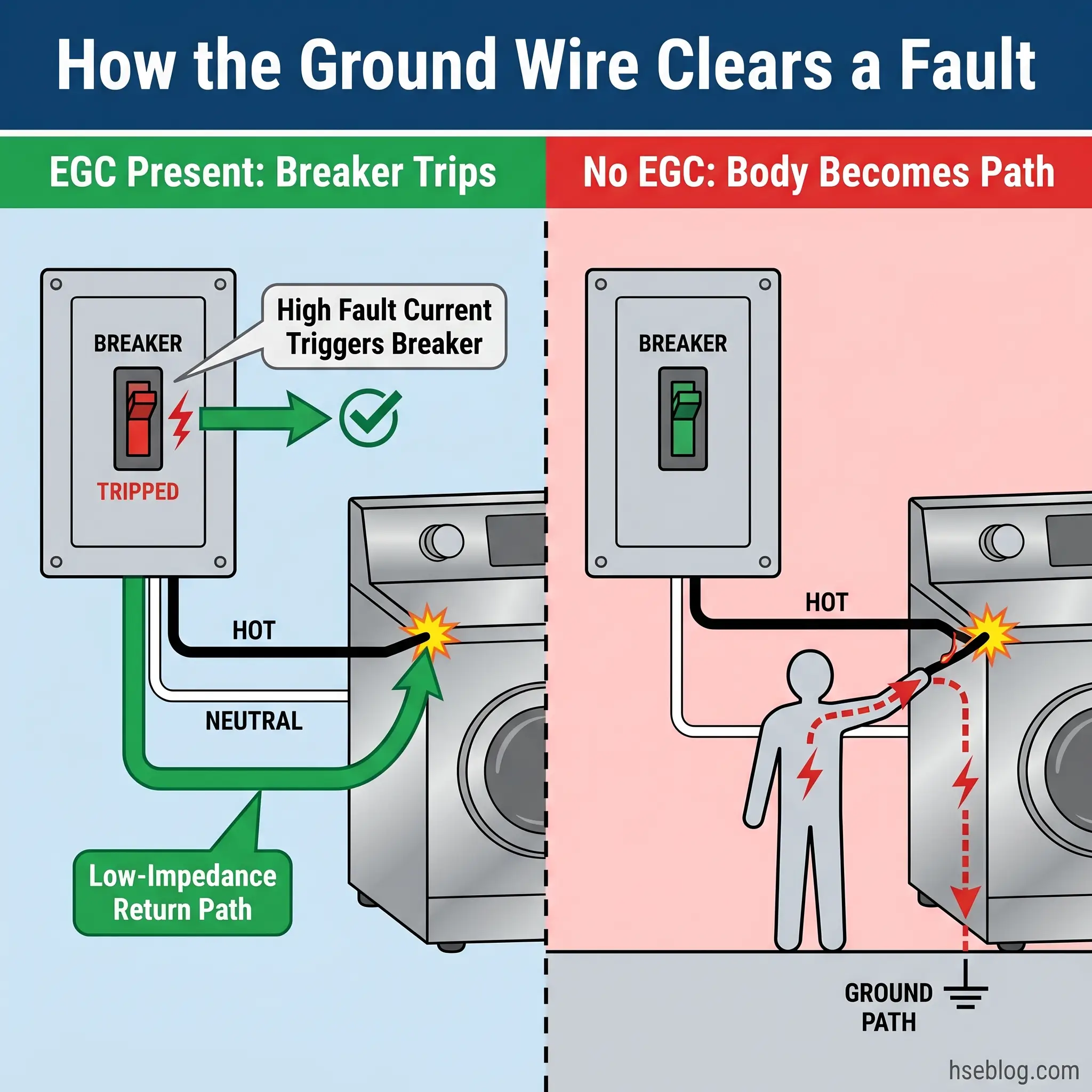 Diagram comparing electrical safety with and without a ground wire, showing how a ground wire provides a safe return path for fault current to trip a breaker, while missing grounding creates electric shock hazard through the human body.