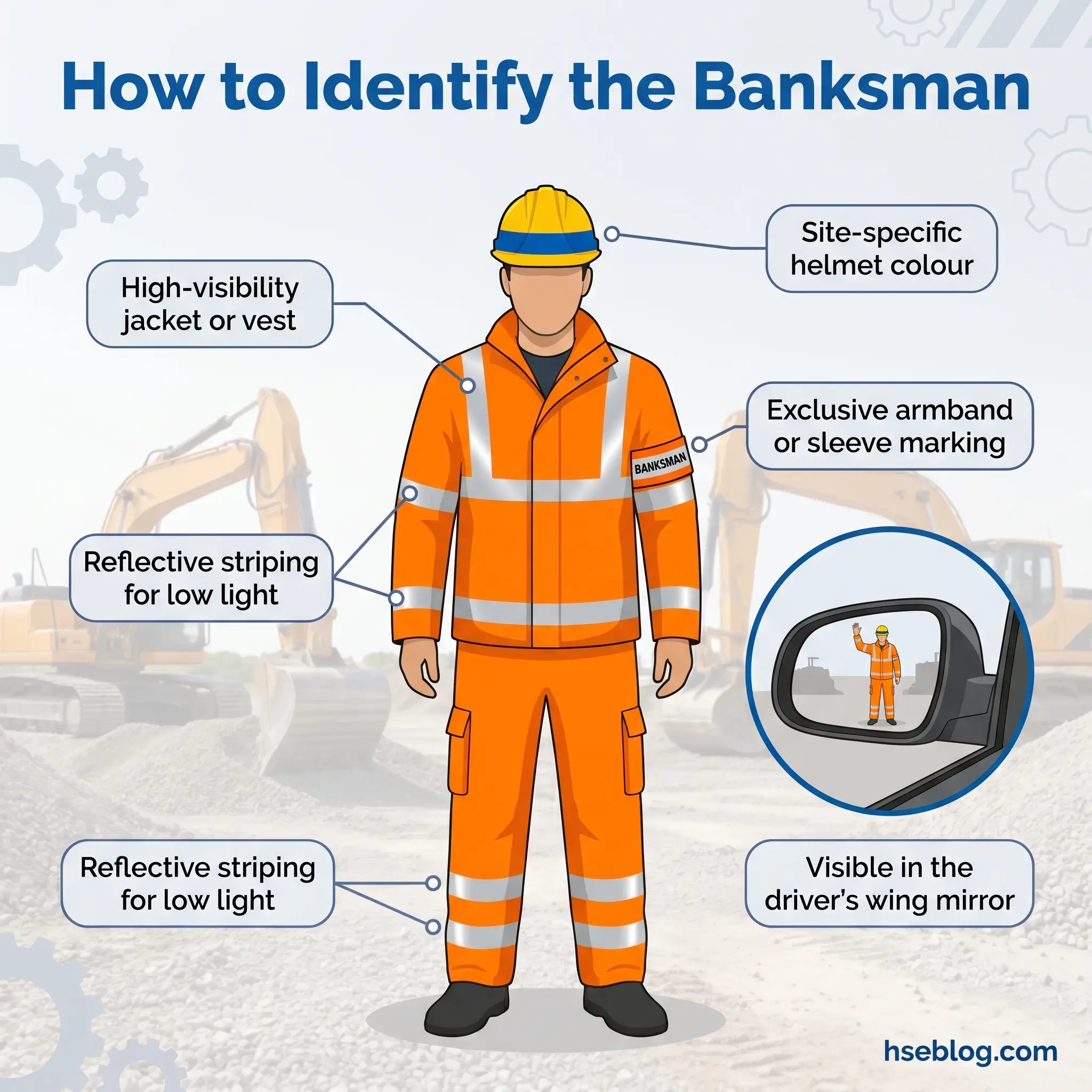 Diagram showing identifying features of a banksman on a construction site, including high-visibility orange jacket, helmet, reflective striping, armband marking, and visibility in vehicle wing mirrors.