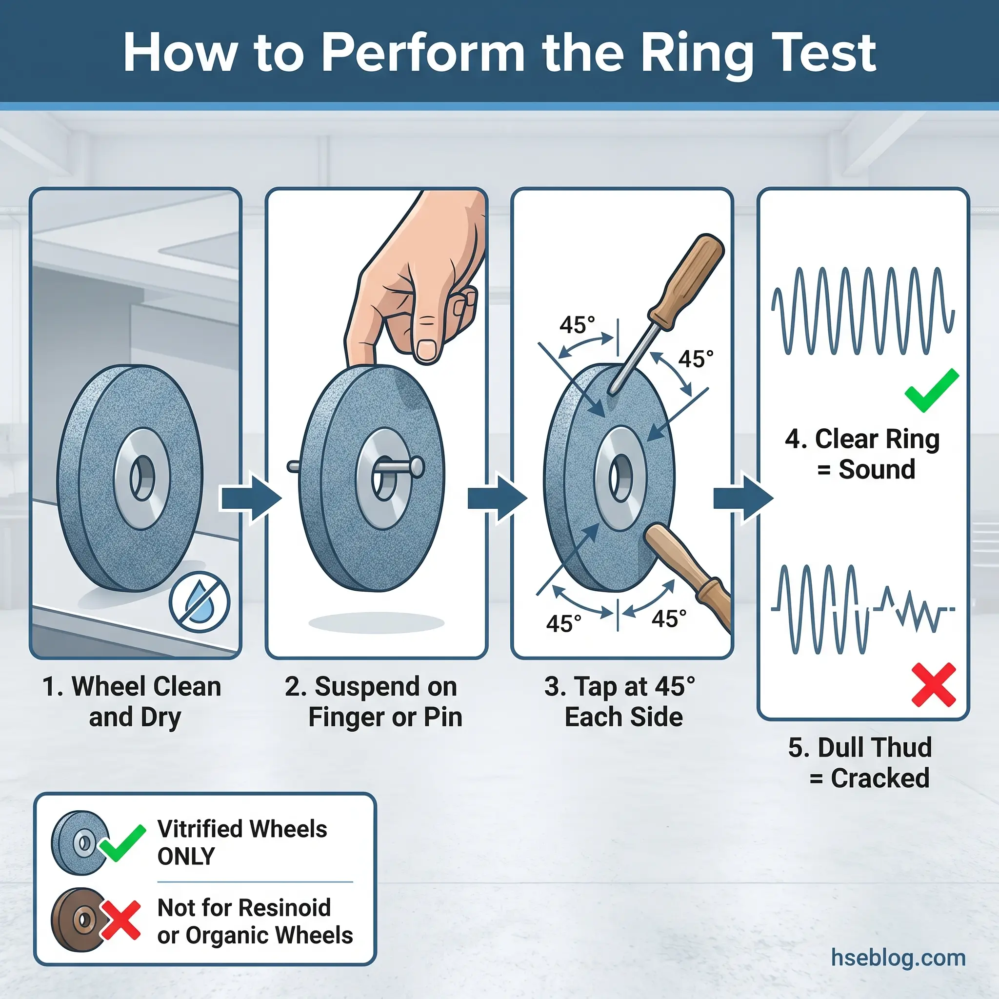 Step-by-step visual guide showing how to perform the ring test on grinding wheels, including cleaning, suspending, tapping at 45 degrees, and interpreting sound results to detect cracks.