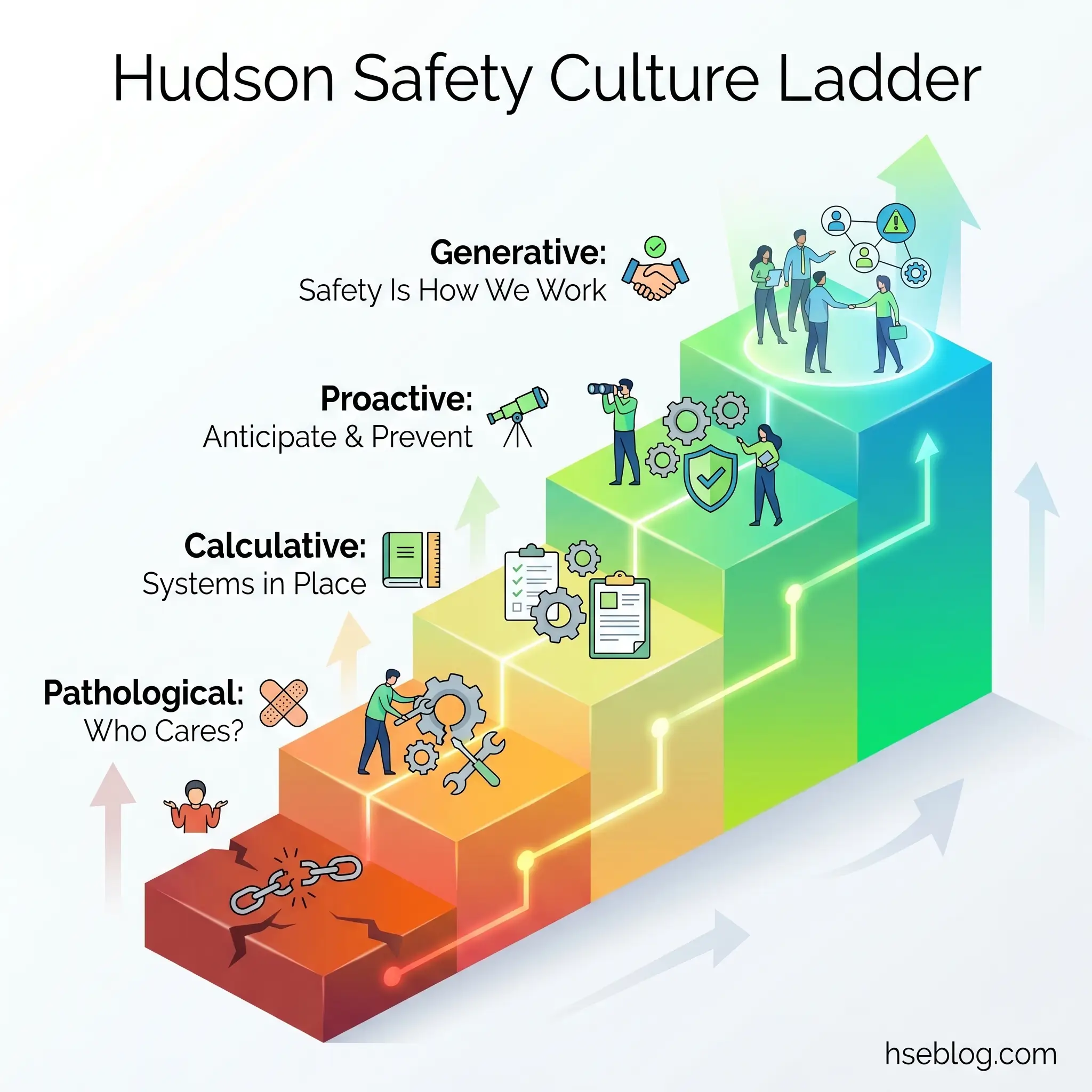 Hudson Safety Culture Ladder showing four progressive levels from red (Pathological: Who Cares?) to green (Generative: Safety Is How We Work), illustrated as an ascending stepped structure with workers and safety icons at each tier.
