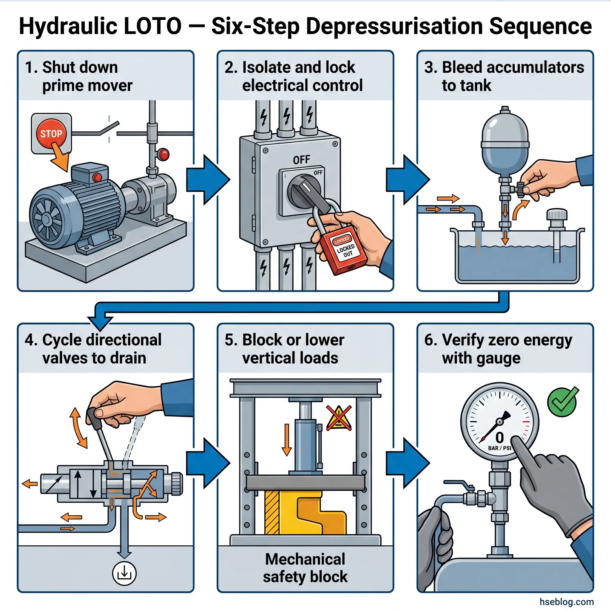 Six-step hydraulic LOTO depressurization sequence showing shutdown of prime mover, electrical isolation with lockout tag, bleeding accumulators, draining directional valves, applying mechanical safety blocks, and verifying zero pressure on gauge.