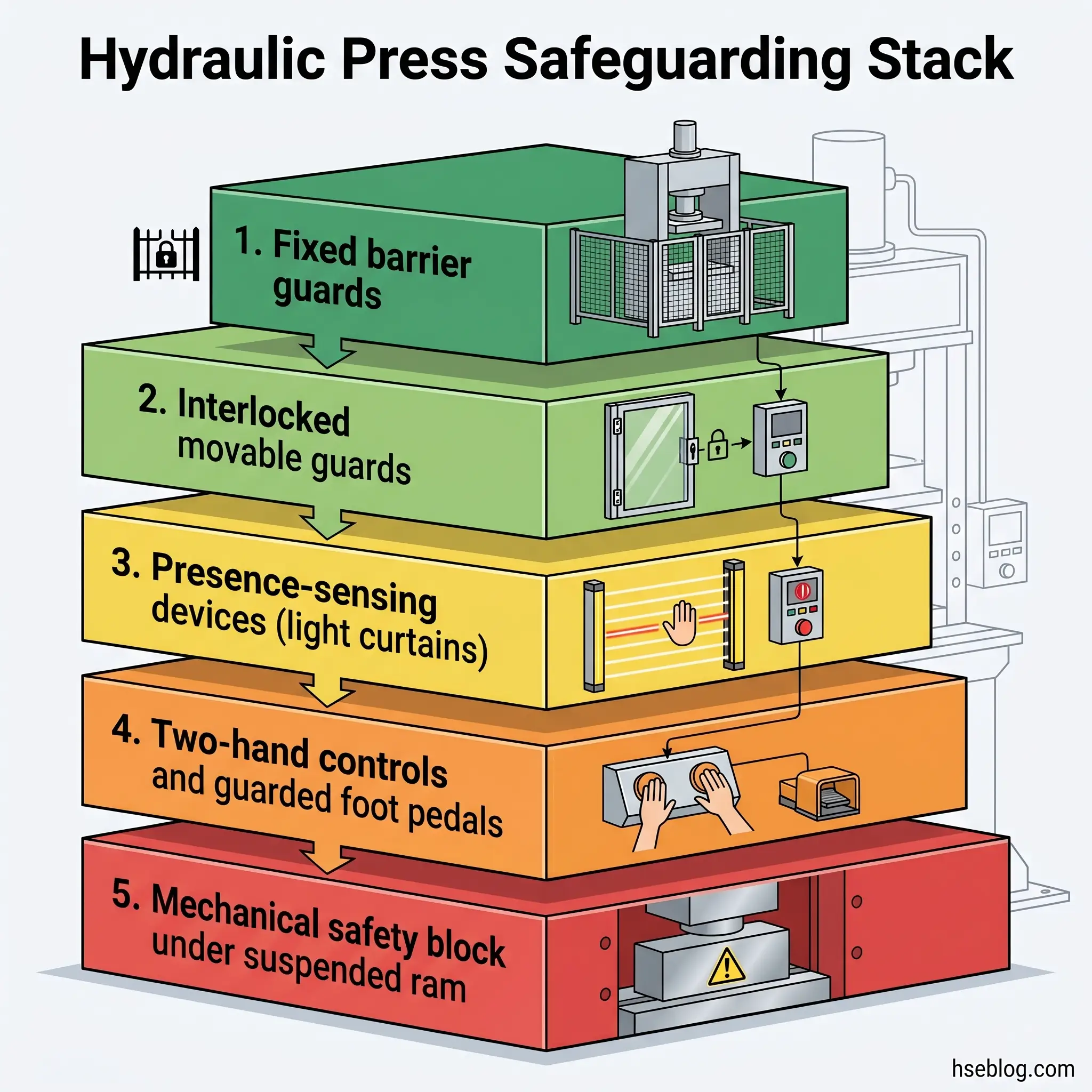 Layered diagram of hydraulic press safety features showing five stacked protection systems from top to bottom: fixed barrier guards, interlocked movable guards, presence-sensing light curtains, two-hand controls with foot pedals, and mechanical safety block under the ram.