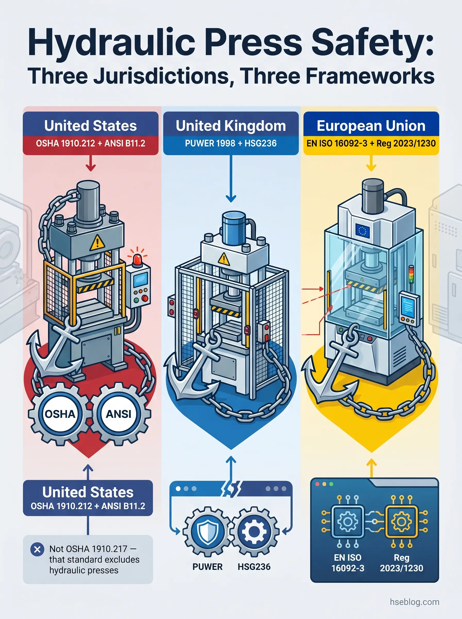 Comparison of hydraulic press safety standards across three jurisdictions: United States using OSHA 1910.212 and ANSI B11.2, United Kingdom using POWER 1998 and HSG236, and European Union using EN ISO 16092-3 and Regulation 2023/1230.