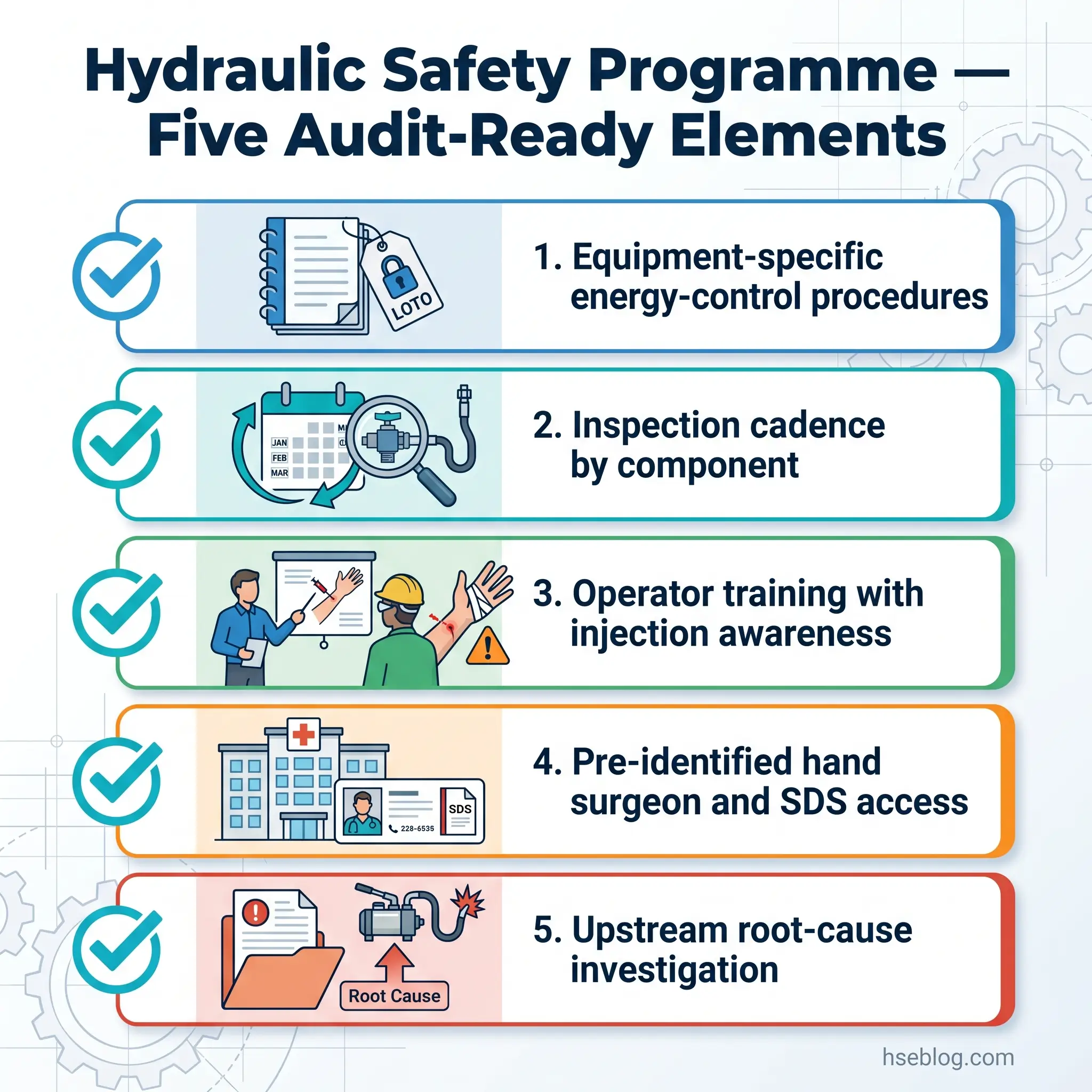 Five audit-ready elements of a hydraulic safety programme displayed as a vertical checklist: equipment-specific energy-control procedures, inspection cadence by component, operator training with injection awareness, pre-identified hand surgeon and SDS access, and upstream root-cause investigation.