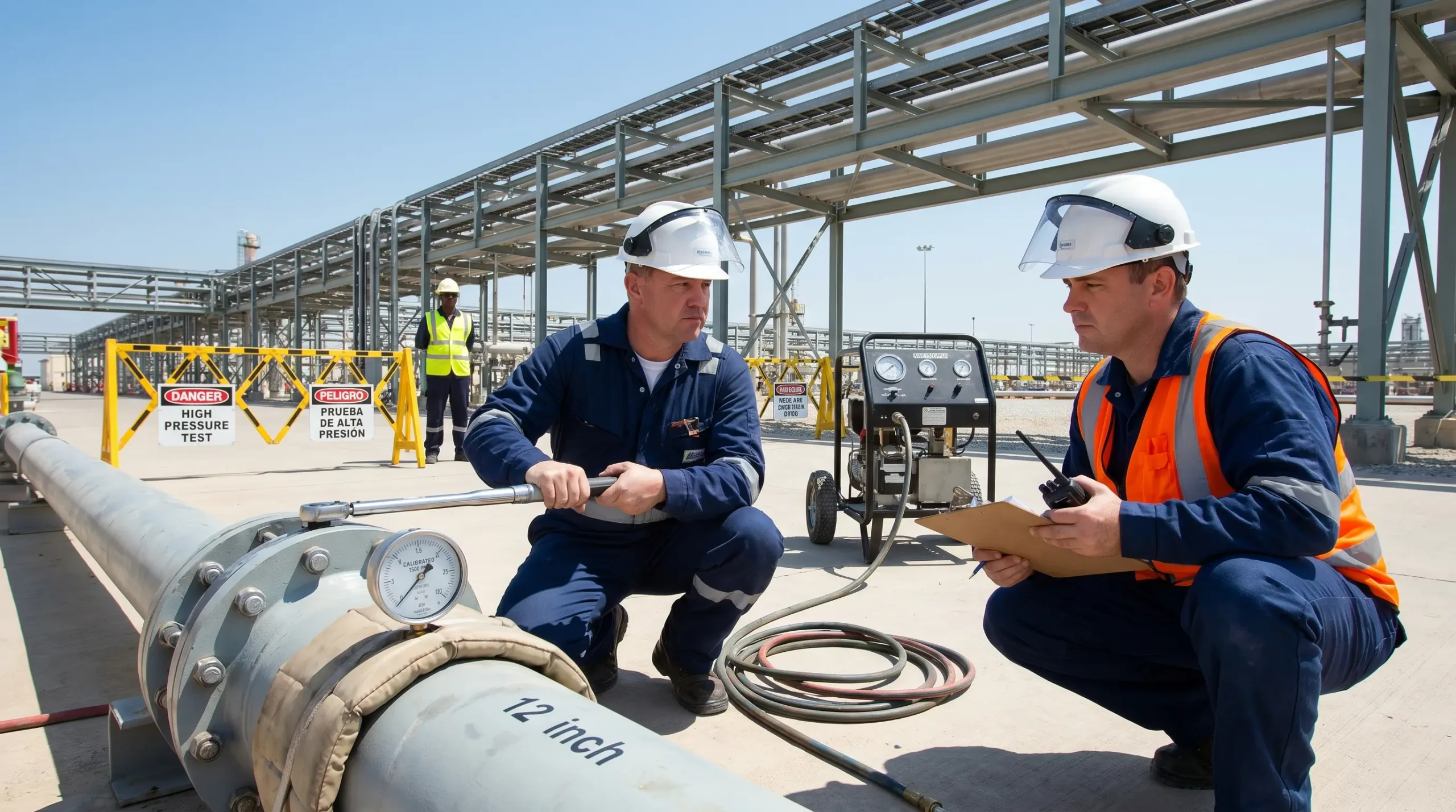 Two workers in safety gear inspect a large industrial pipe with pressure gauge at a construction site with steel framework and equipment in the background.