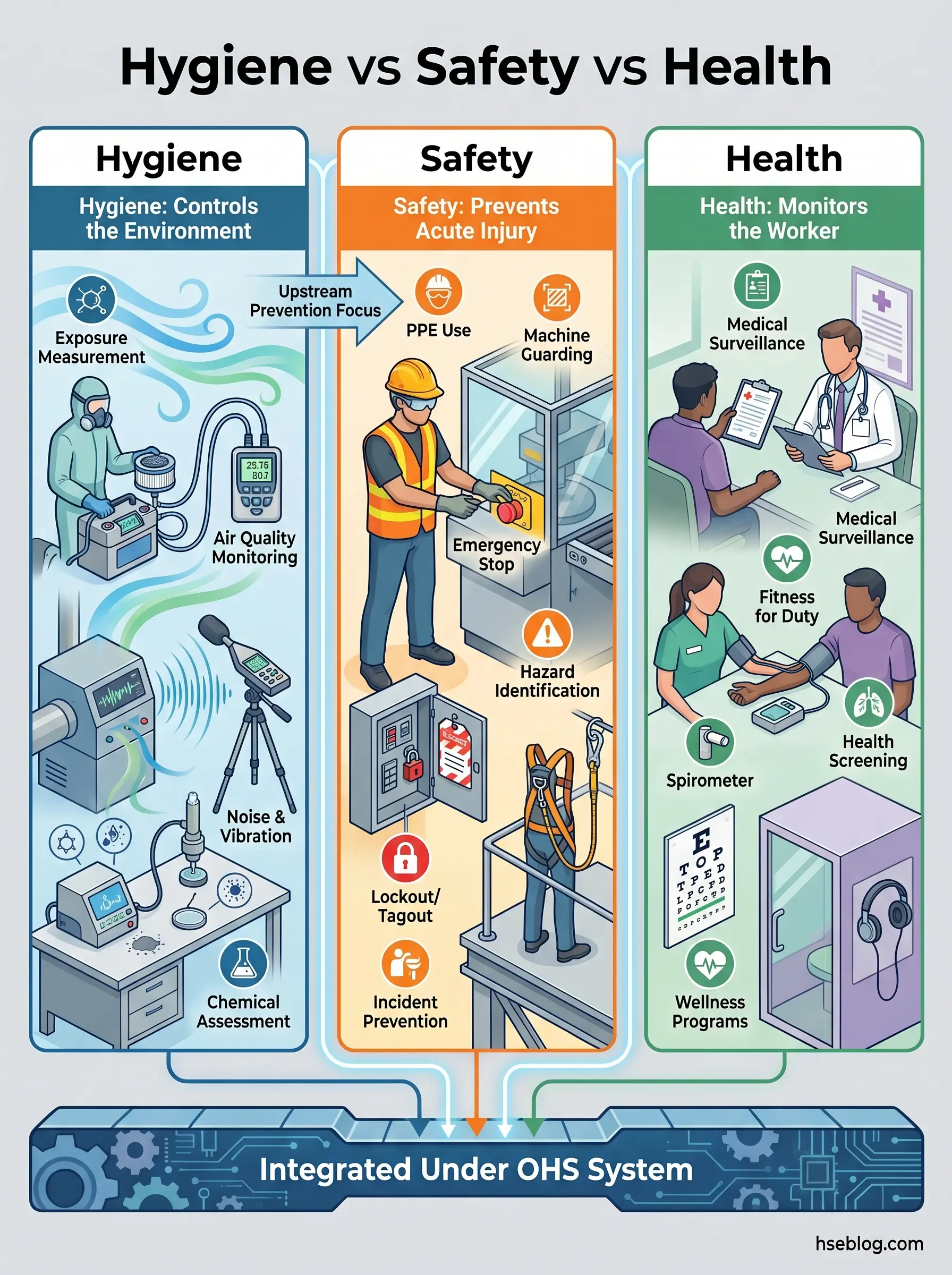 Infographic comparing hygiene, safety, and health in occupational settings, showing exposure measurement and air quality monitoring, PPE use and hazard identification, and medical surveillance and wellness programs integrated under an OHS system.