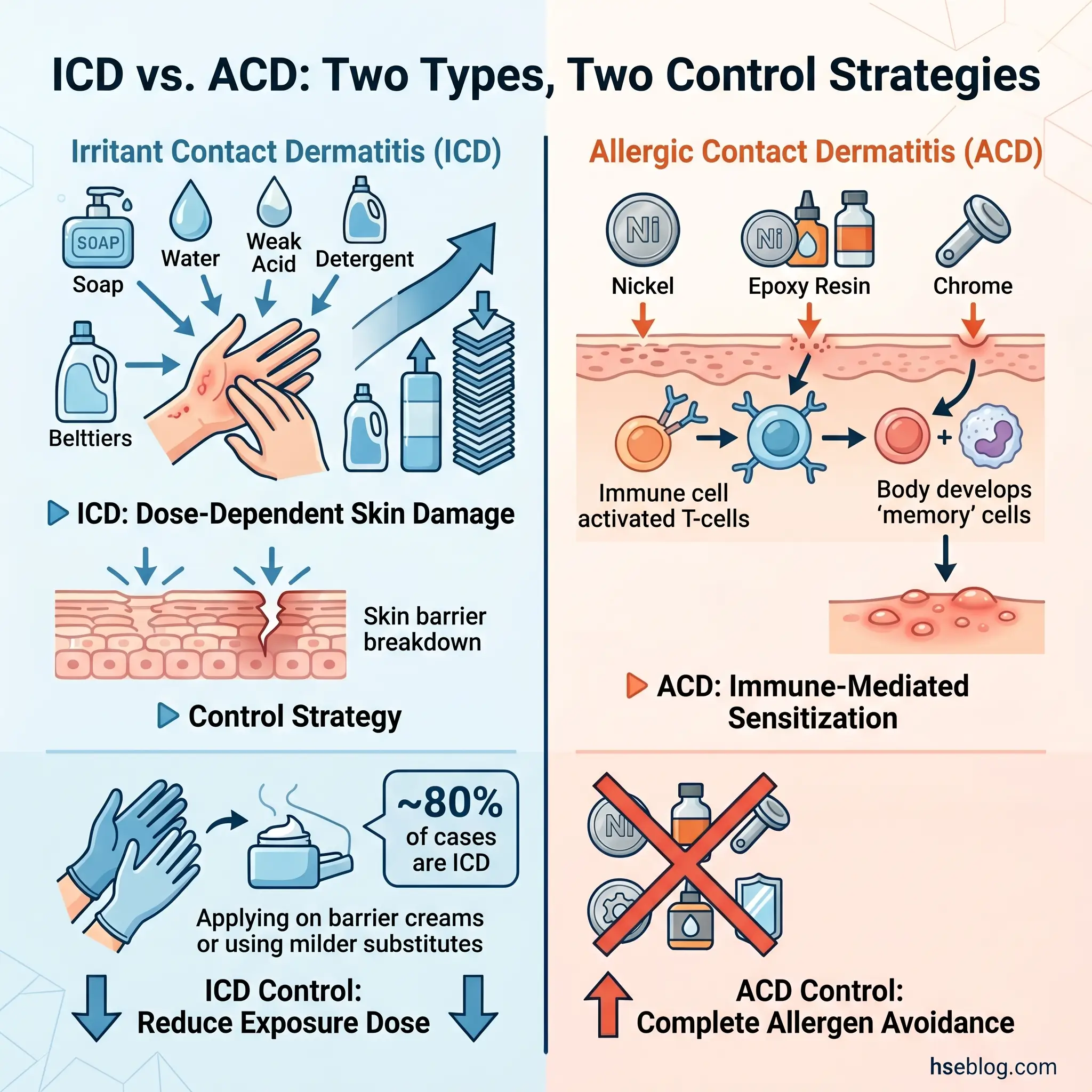 Infographic comparing irritant contact dermatitis and allergic contact dermatitis, showing their causes, immune mechanisms, and control strategies of dose reduction versus complete allergen avoidance.