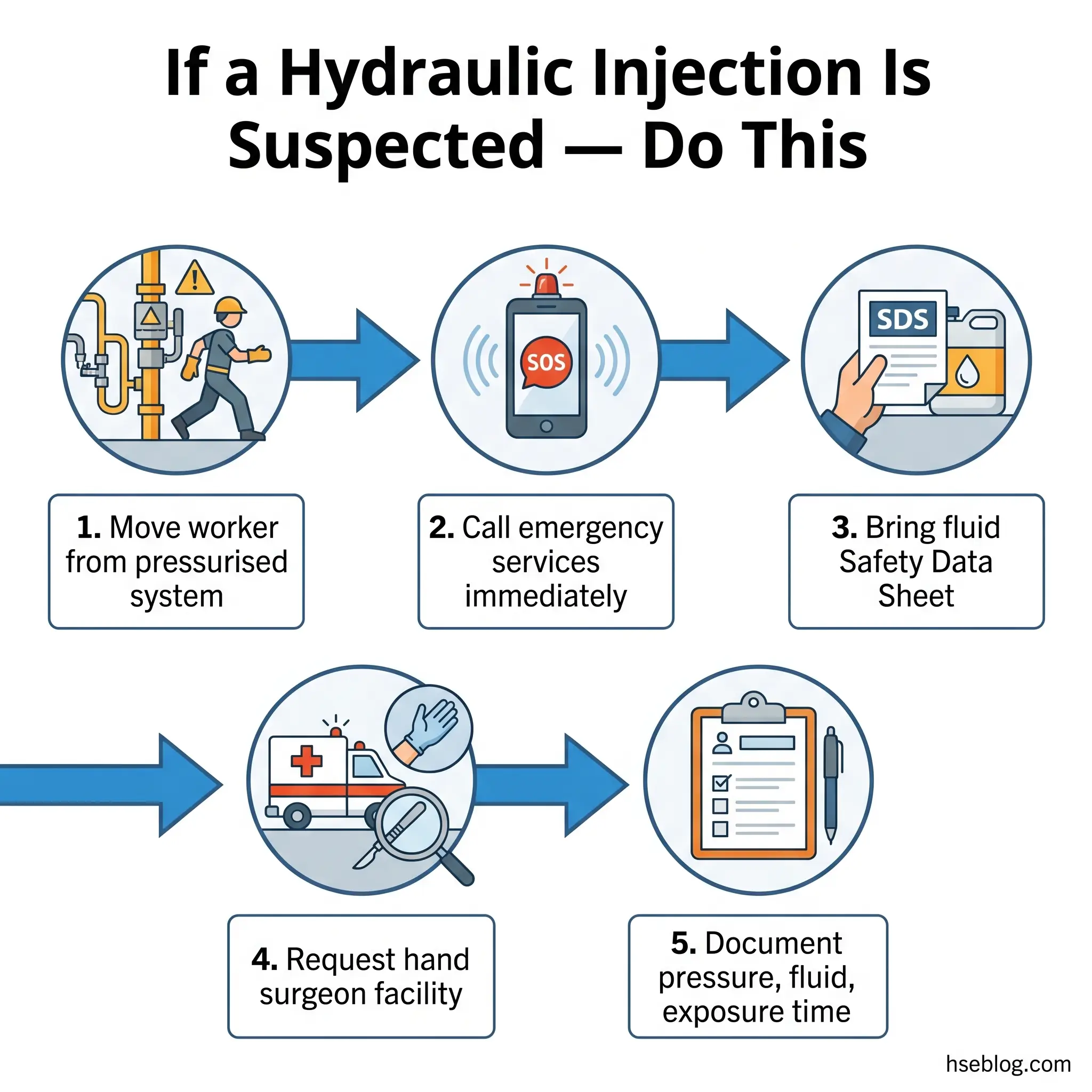 Infographic showing five sequential steps to take when a hydraulic injection injury is suspected, including removing the worker, calling emergency services, obtaining safety data sheets, requesting hand surgeon facility, and documenting exposure details.