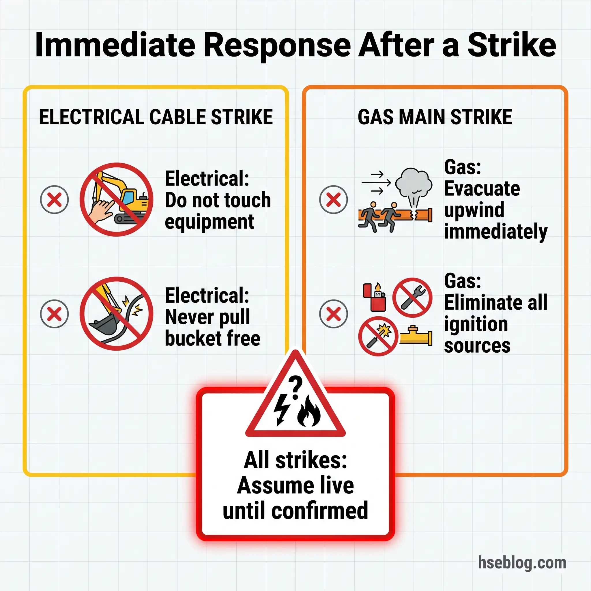Safety guide showing immediate response procedures for electrical cable strikes and gas main strikes, with critical warning to assume all strikes are live until confirmed.