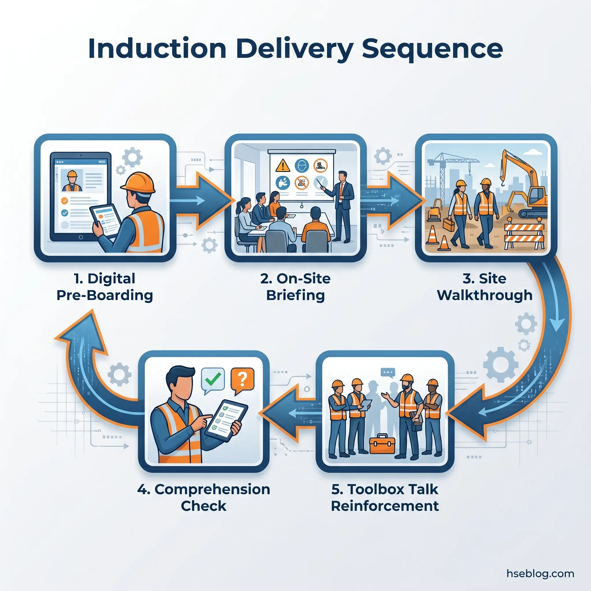 A five-step induction delivery sequence diagram showing construction workers progressing through digital pre-boarding, on-site briefing, site walkthrough, comprehension check, and toolbox talk reinforcement stages.