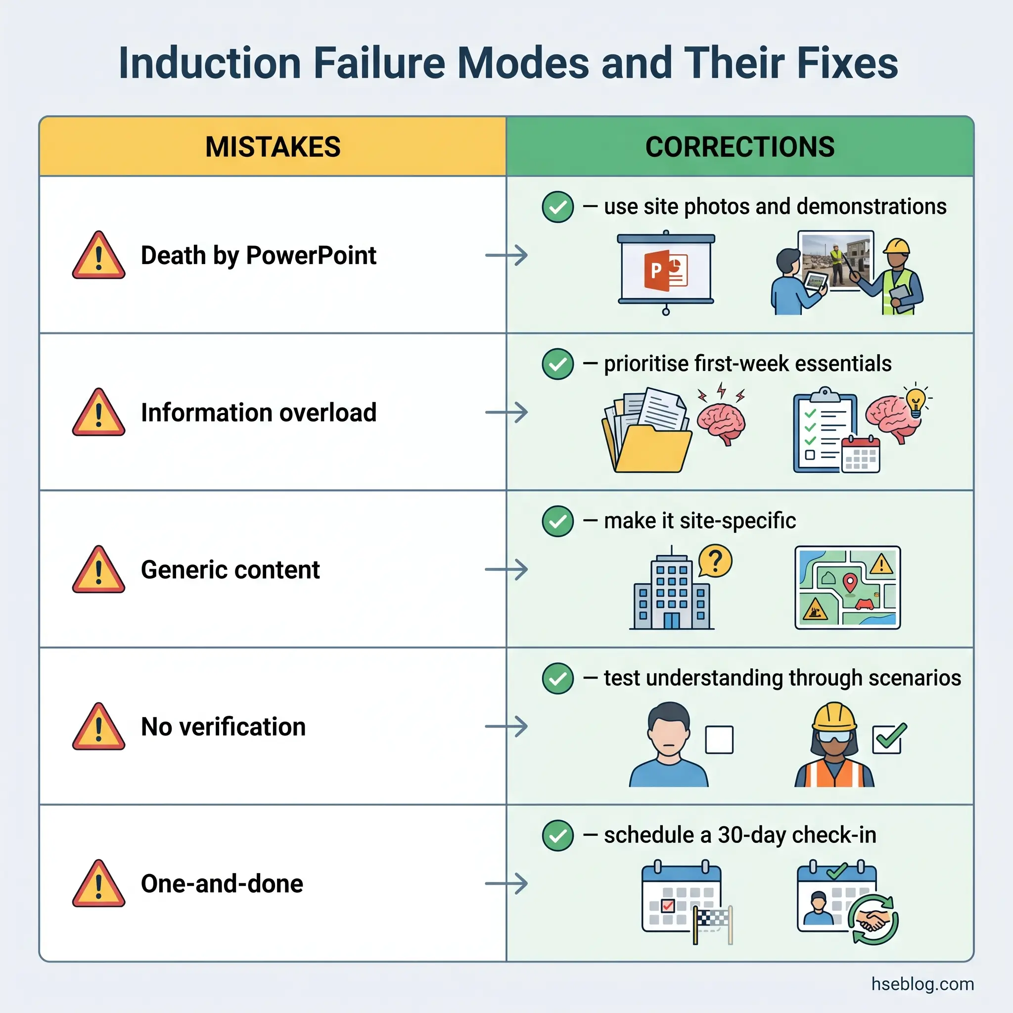 Chart showing five common induction training failures with warning icons on the left and corresponding solutions on the right, including using site photos, prioritizing essentials, customizing content, testing understanding, and scheduling follow-ups.