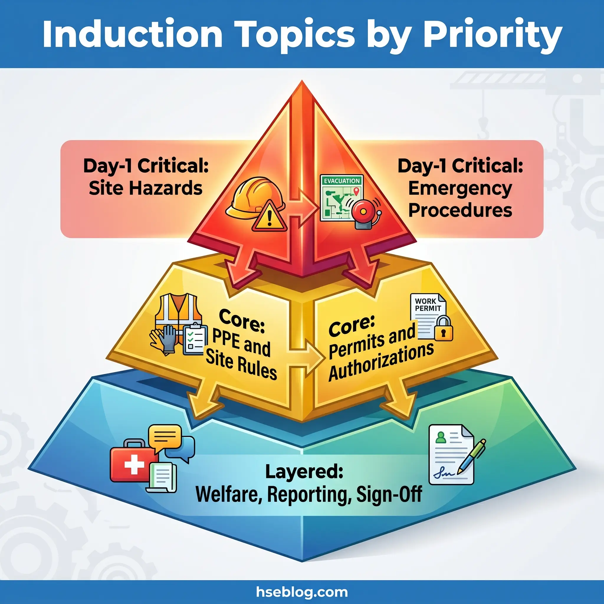 Pyramid chart showing induction topics organized by priority levels, from Day-1 critical topics at top through core and layered topics at base, with safety and compliance icons.