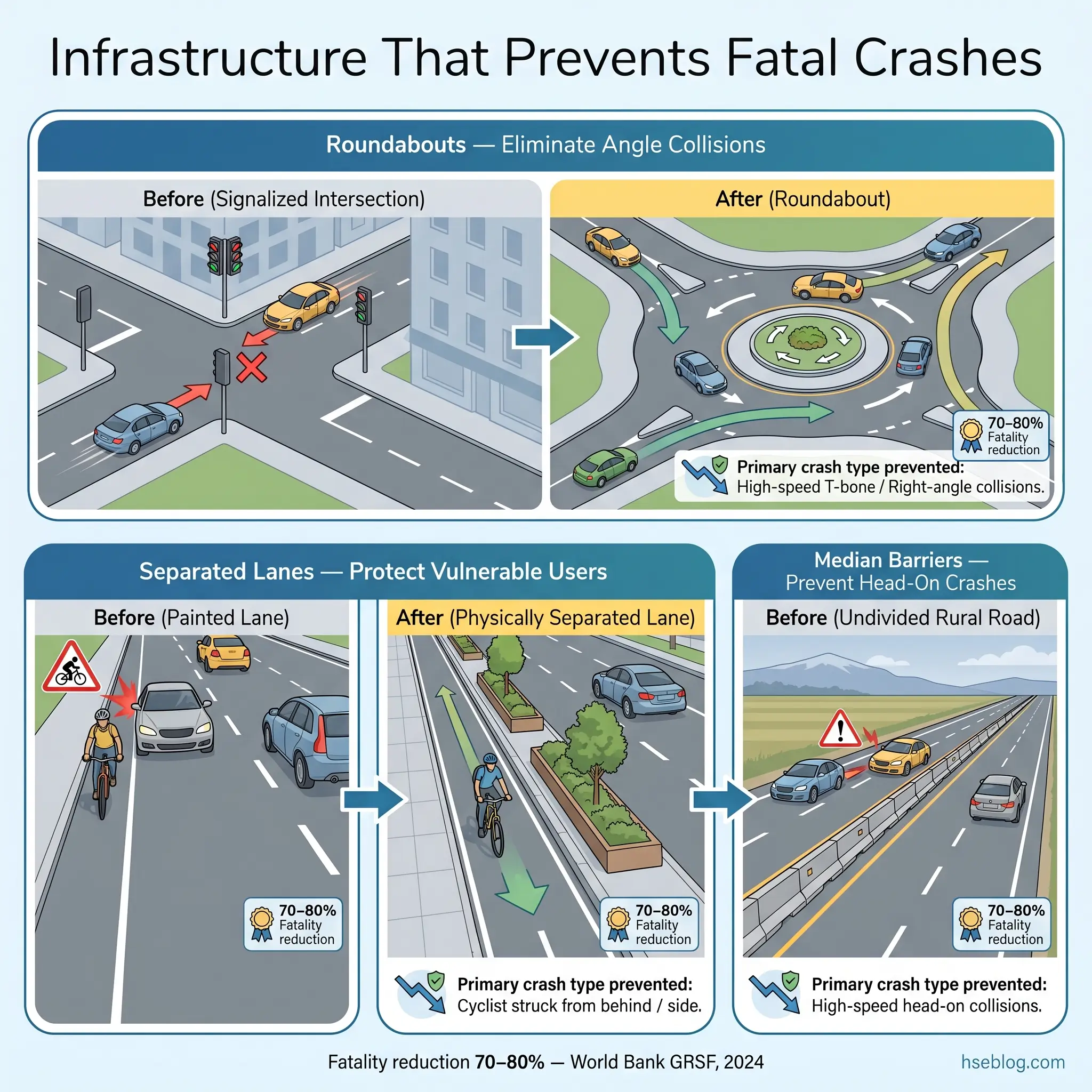 Infographic showing four road safety infrastructure improvements—roundabouts, separated bike lanes, and median barriers—each demonstrating before and after scenarios with 70-80% fatality reduction rates.
