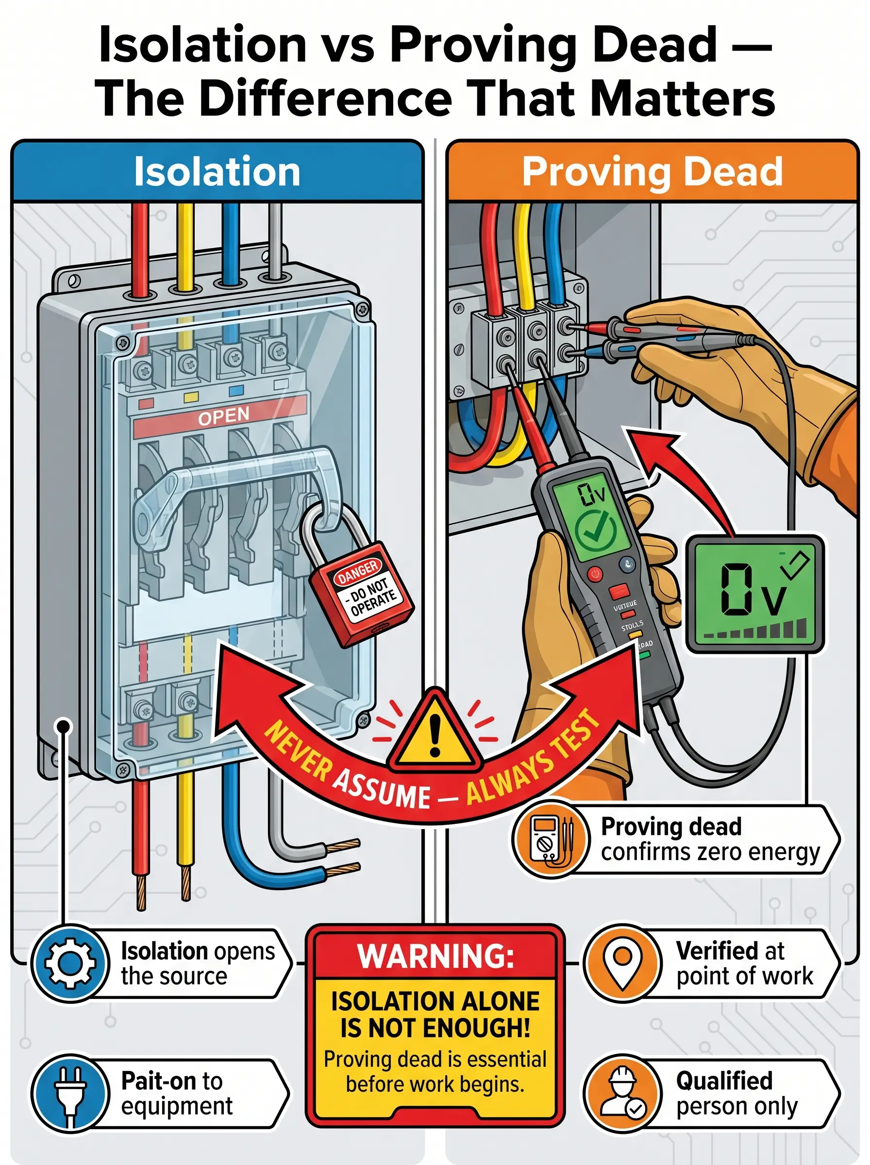 Safety infographic comparing electrical isolation and proving dead procedures, showing lockout tagout on a breaker box and multimeter testing at a work site with warning that isolation alone is insufficient.