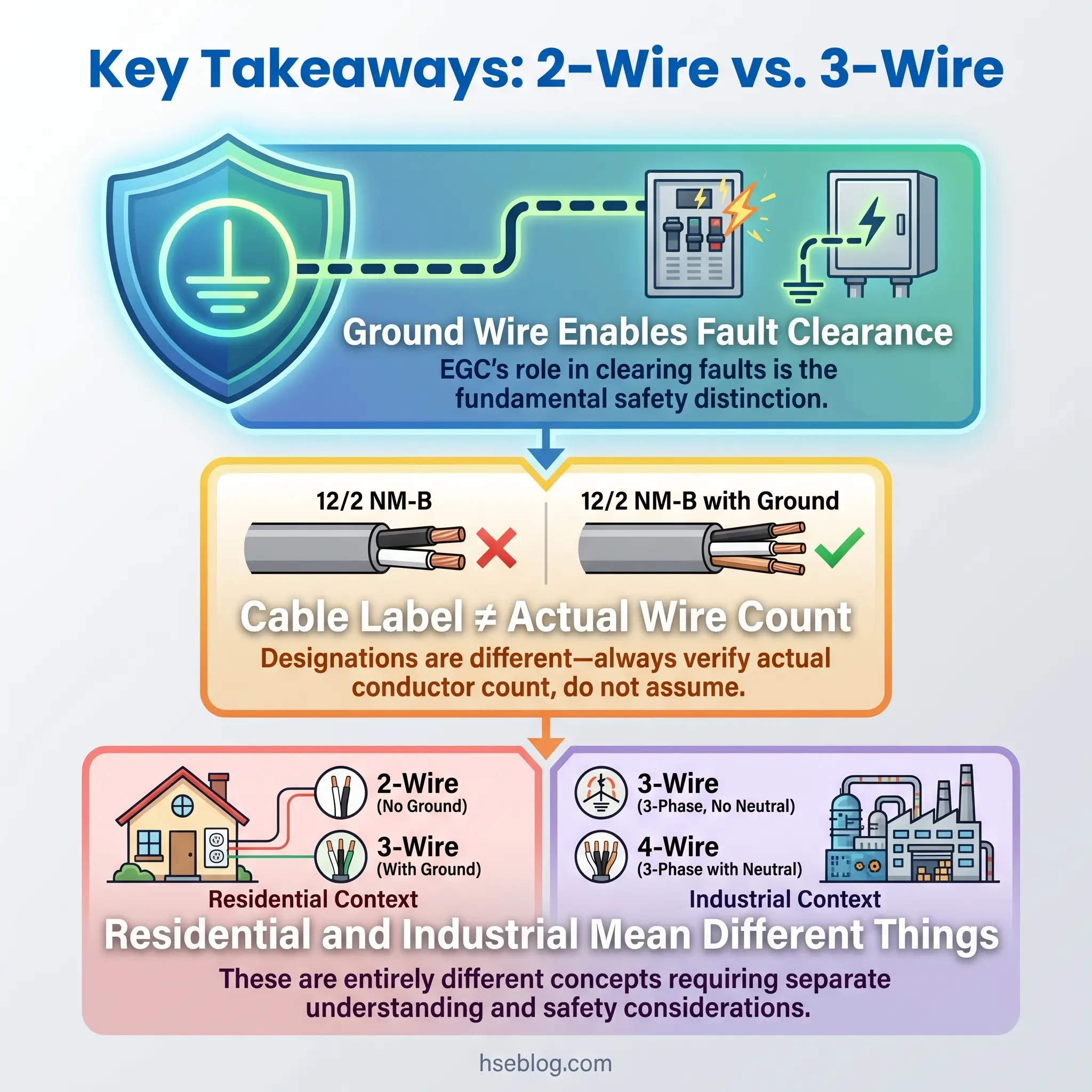 Infographic comparing 2-wire and 3-wire electrical systems, explaining ground wire safety, cable labeling, and differences between residential and industrial applications.