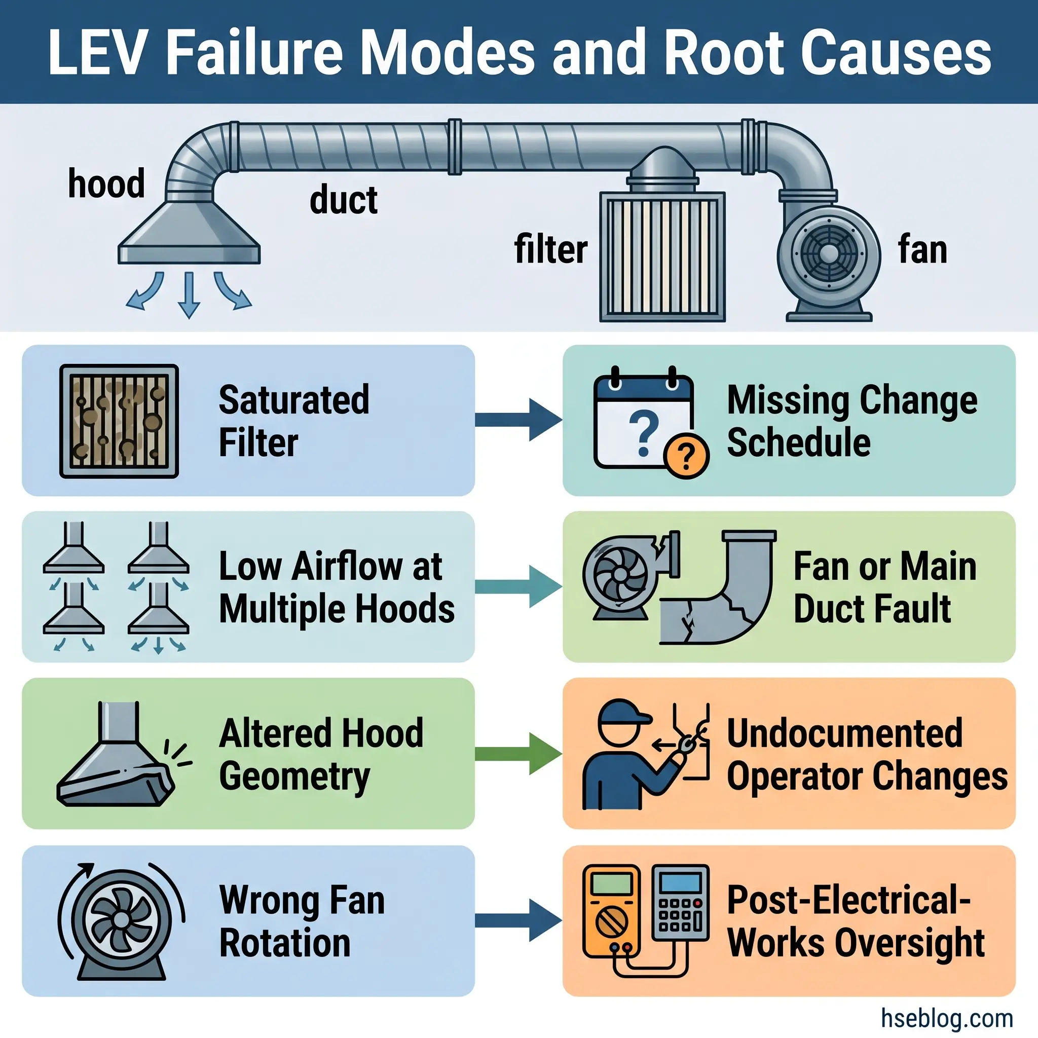 Diagram showing LEV kitchen exhaust system components and five common failure modes with root causes: saturated filters, low airflow at multiple hoods, altered hood geometry, wrong fan rotation, and undocumented operator changes.