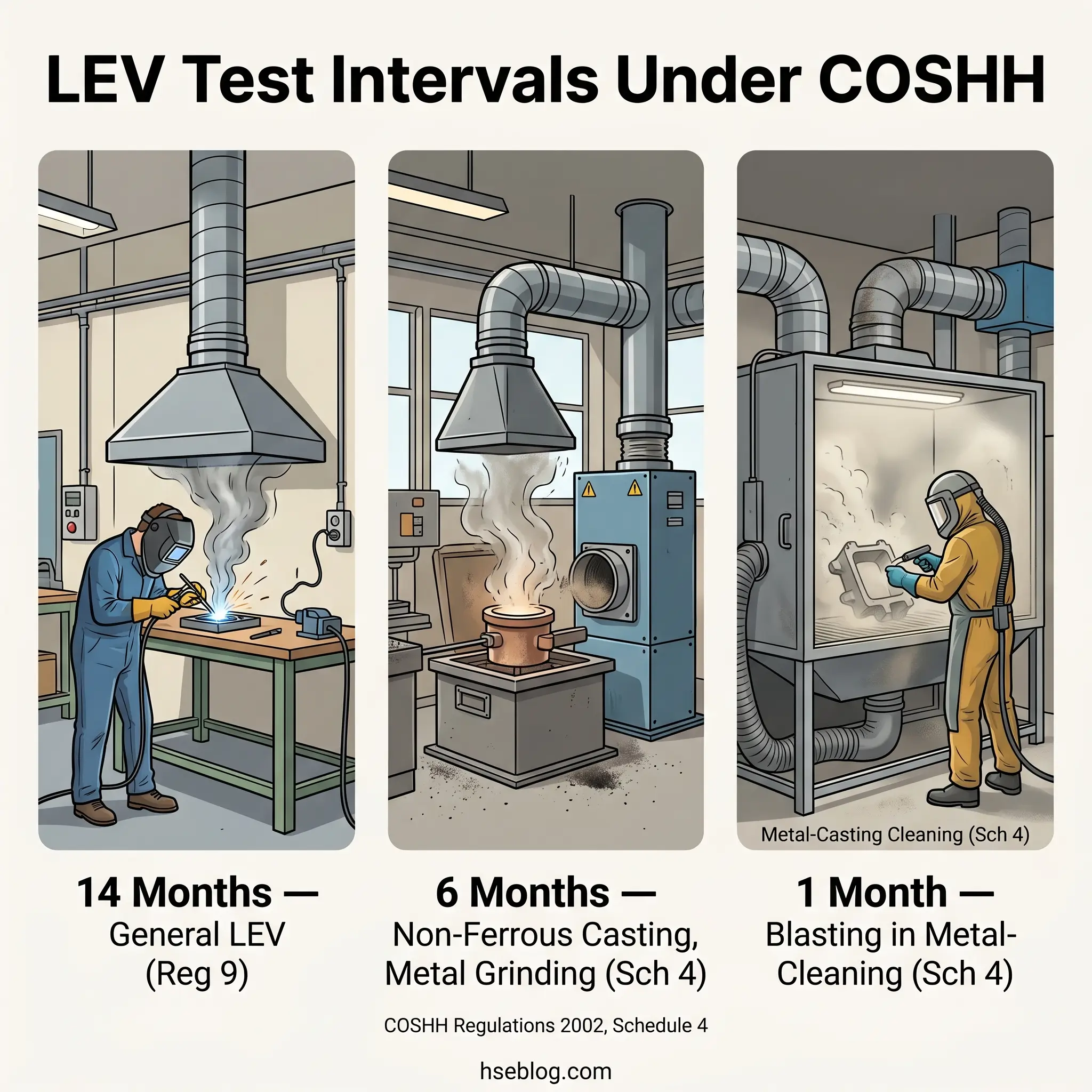 Three illustrated scenes showing LEV testing intervals under COSHH regulations: general welding at 14 months, non-ferrous casting and metal grinding at 6 months, and metal-casting blasting cleaning at 1 month intervals.