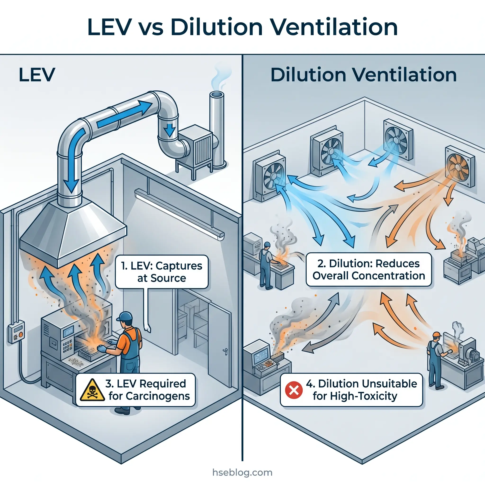 Comparison diagram showing Local Exhaust Ventilation capturing emissions at the source versus Dilution Ventilation spreading contaminants throughout a workspace, illustrating when each method is appropriate for industrial safety.