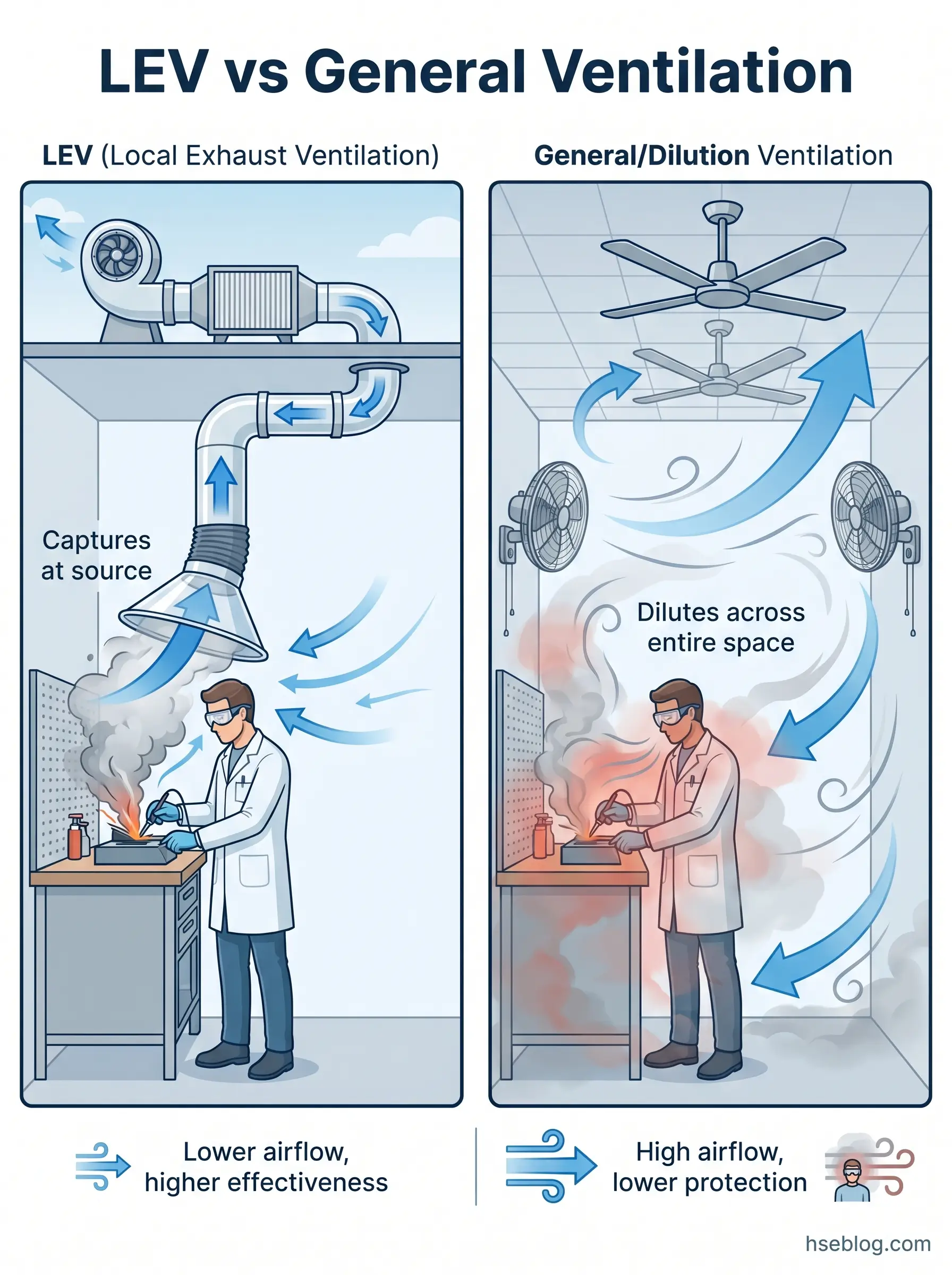 Infographic comparing LEV (Local Exhaust Ventilation) and general ventilation systems, showing how LEV captures contaminants at the source while general ventilation dilutes them across the entire space.