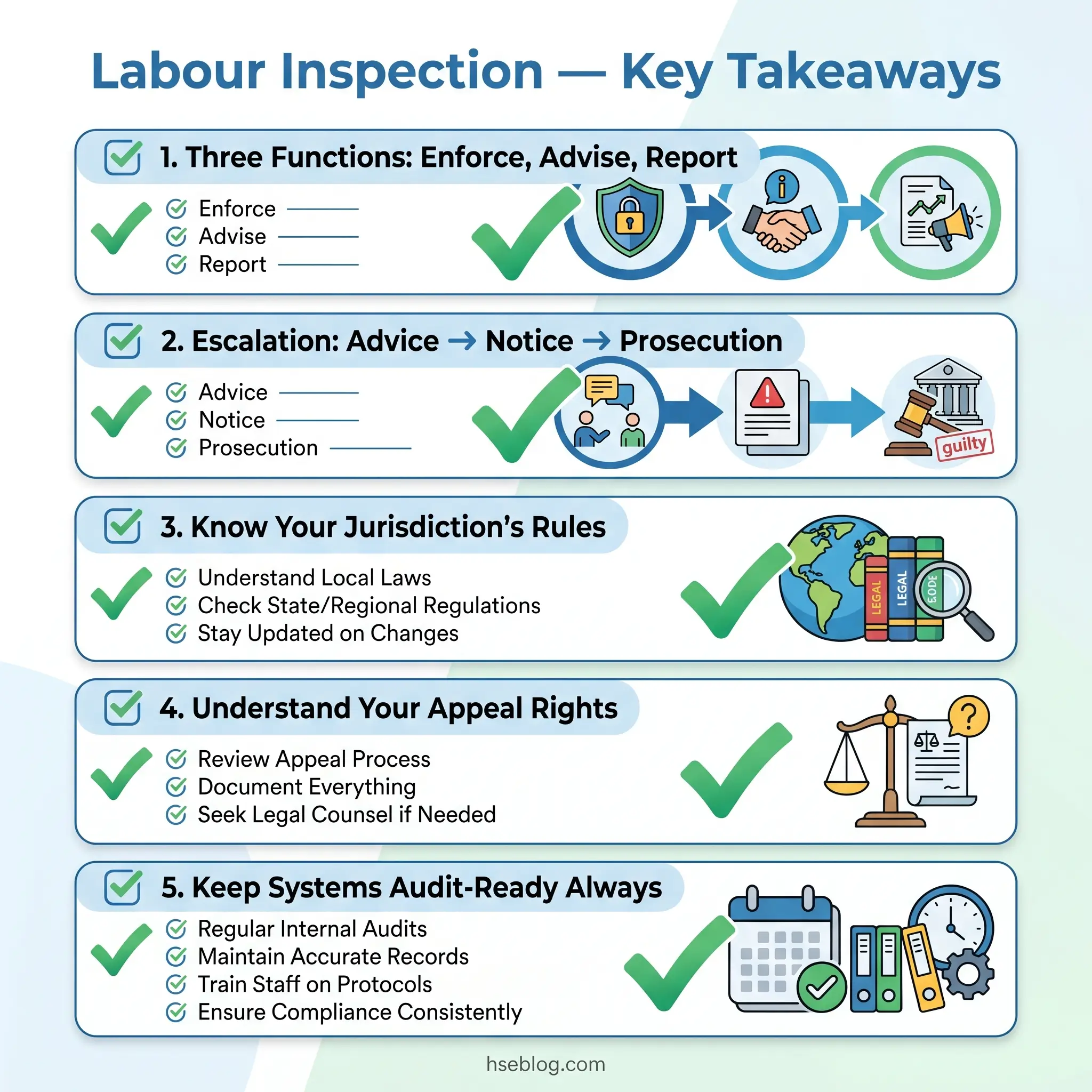Infographic showing five key takeaways for labour inspection: three core functions, escalation procedures, jurisdictional rules, appeal rights, and audit readiness, each illustrated with icons and checkmarks.