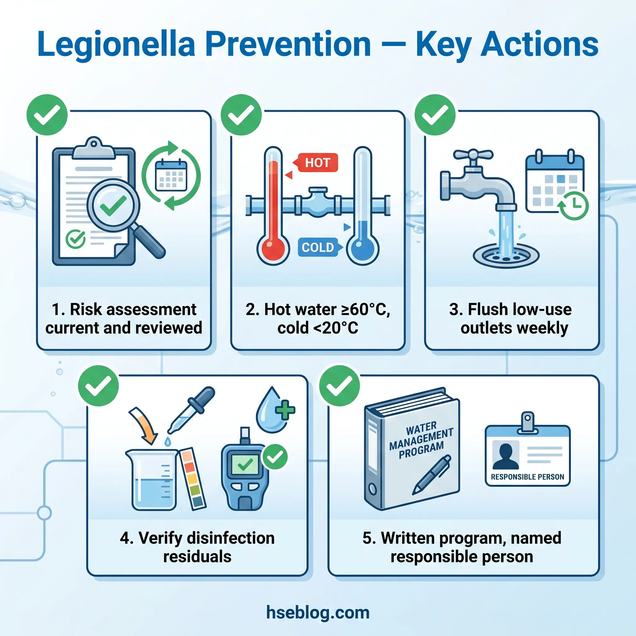 Infographic showing five key actions for legionella prevention: risk assessment, maintaining hot and cold water temperatures, flushing low-use outlets weekly, verifying disinfection residuals, and implementing a written water management program with a named responsible person.