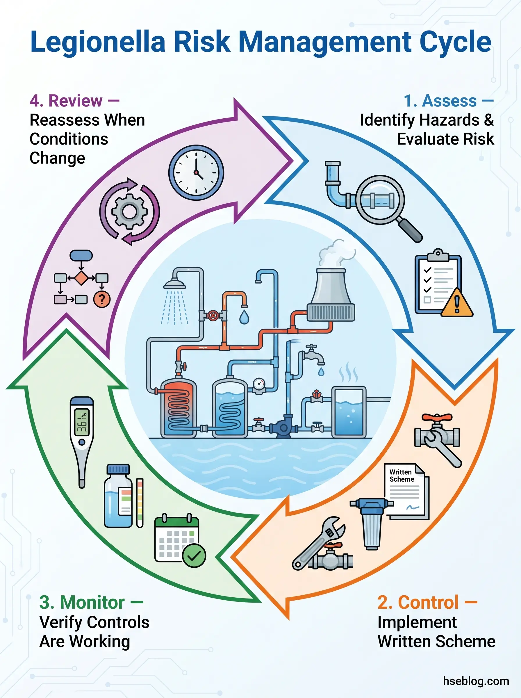 Circular diagram showing the four-step Legionella Risk Management Cycle: Assess hazards, Control implementation, Monitor verification, and Review reassessment, with water system illustrations and management icons.