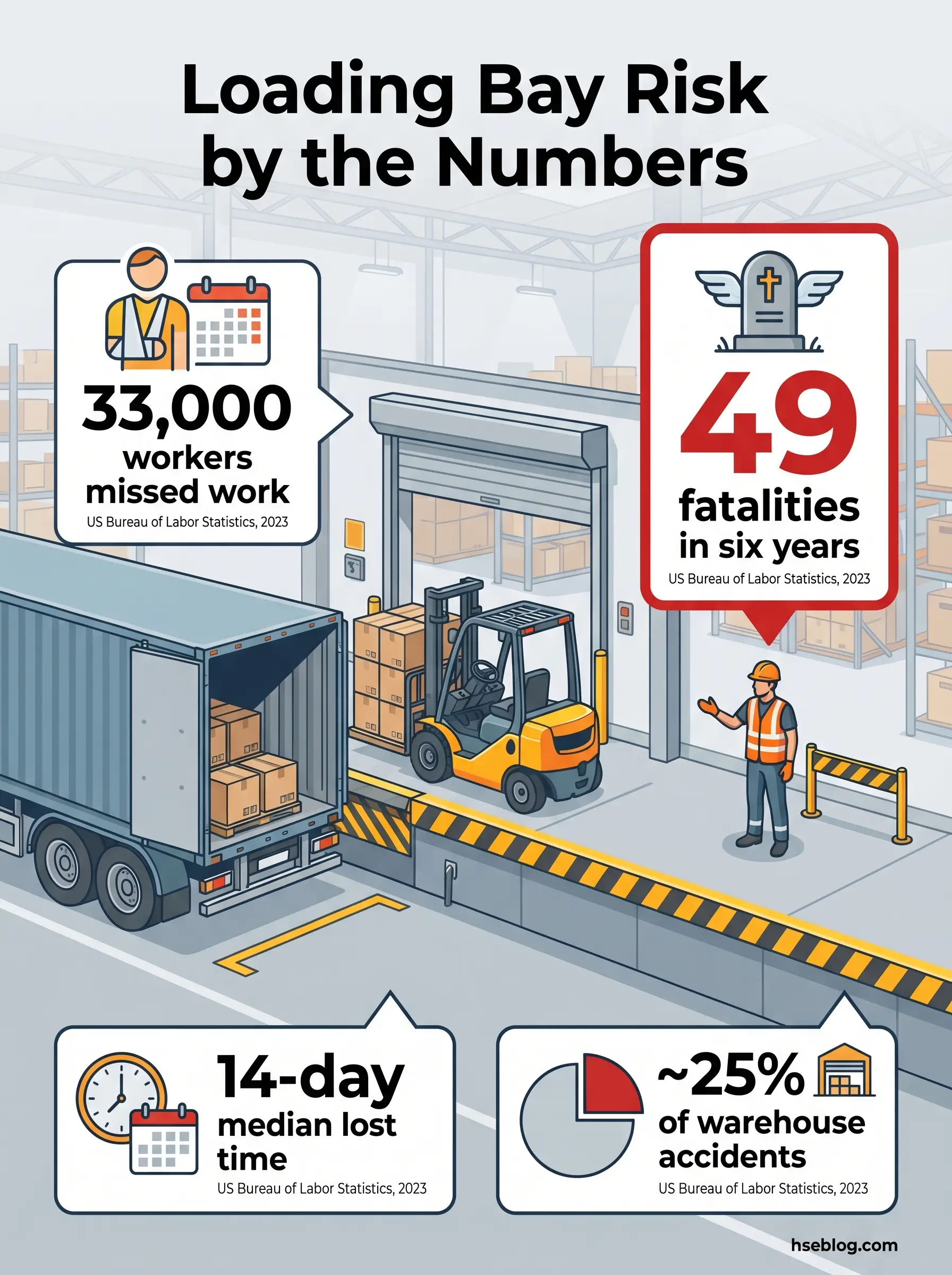 Infographic showing loading bay safety statistics including 33,000 missed work days, 49 fatalities over six years, 14-day median lost time, and 25% of warehouse accidents, illustrated with a forklift and workers.
