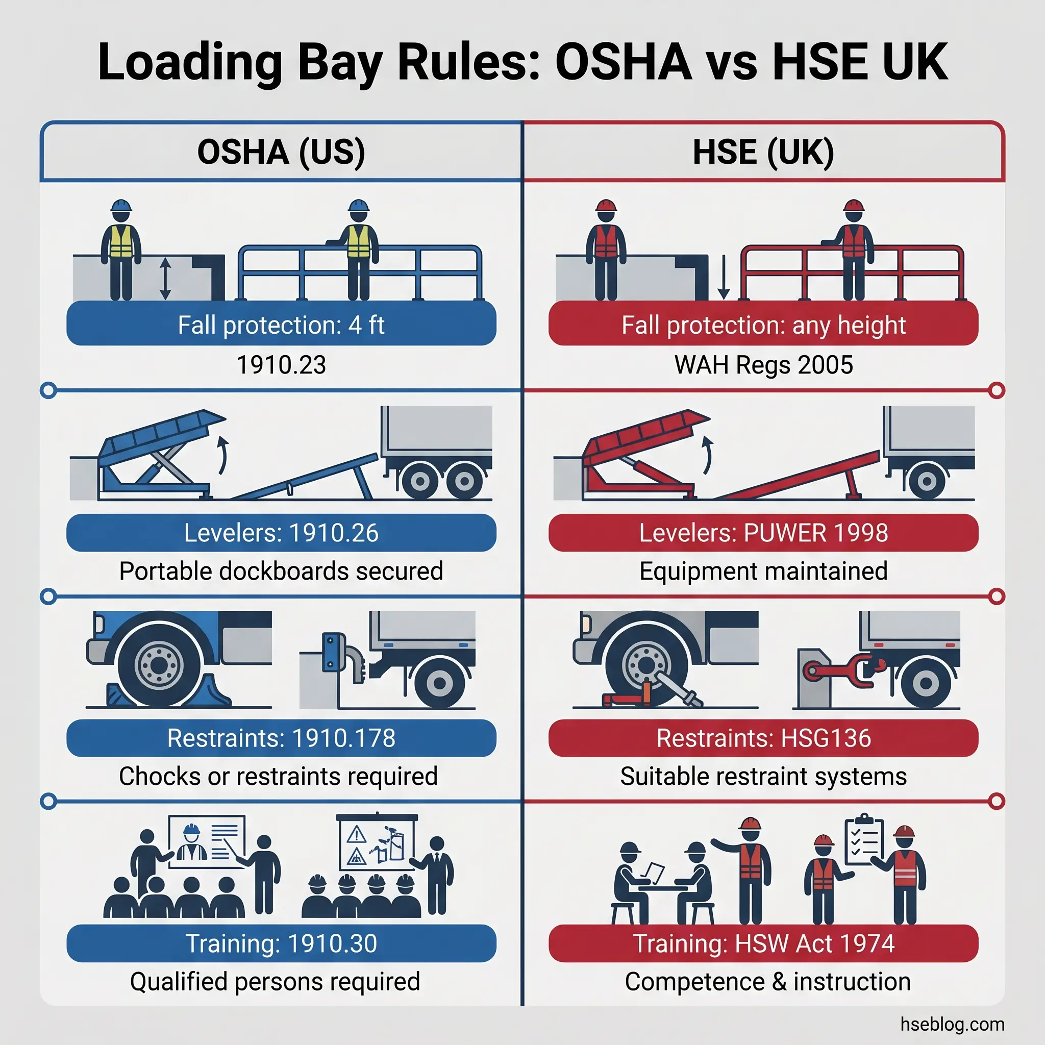 Comparison chart of loading bay safety rules between OSHA in the US and HSE in the UK, showing differences in fall protection, levelers, restraints, and training requirements.