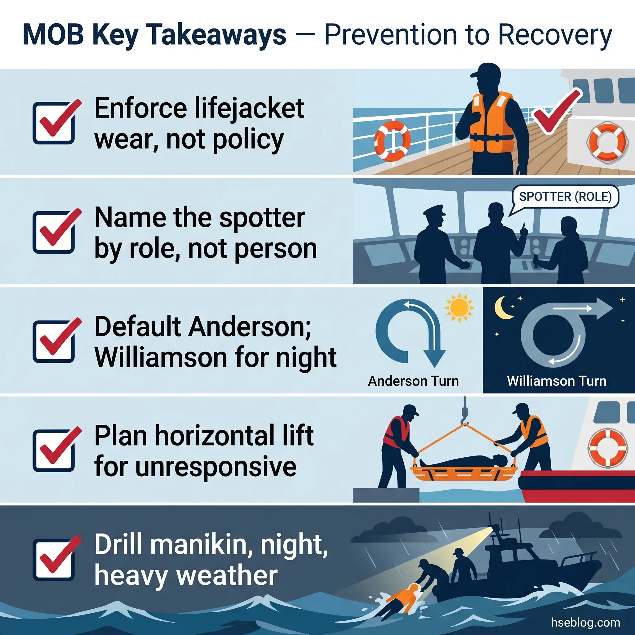 Infographic showing five key safety takeaways for man overboard prevention and recovery at sea, including lifejacket enforcement, spotter protocols, turn maneuvers, rescue techniques, and emergency drills.