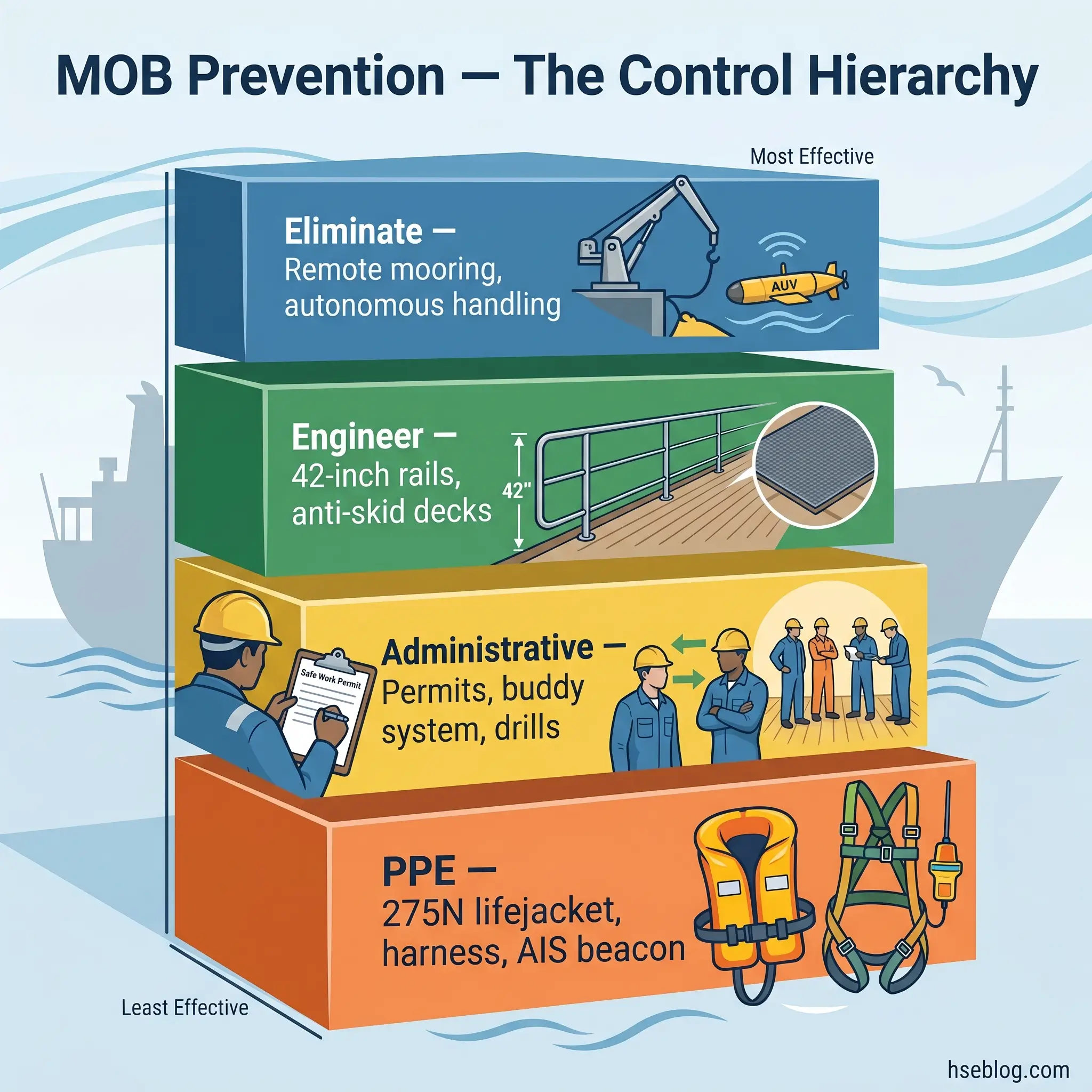 A hierarchical pyramid diagram showing MOB (Man Overboard) prevention control measures from most to least effective: eliminate through remote mooring, engineer with safety rails, administrative controls including permits and drills, and PPE such as lifejackets and harnesses.