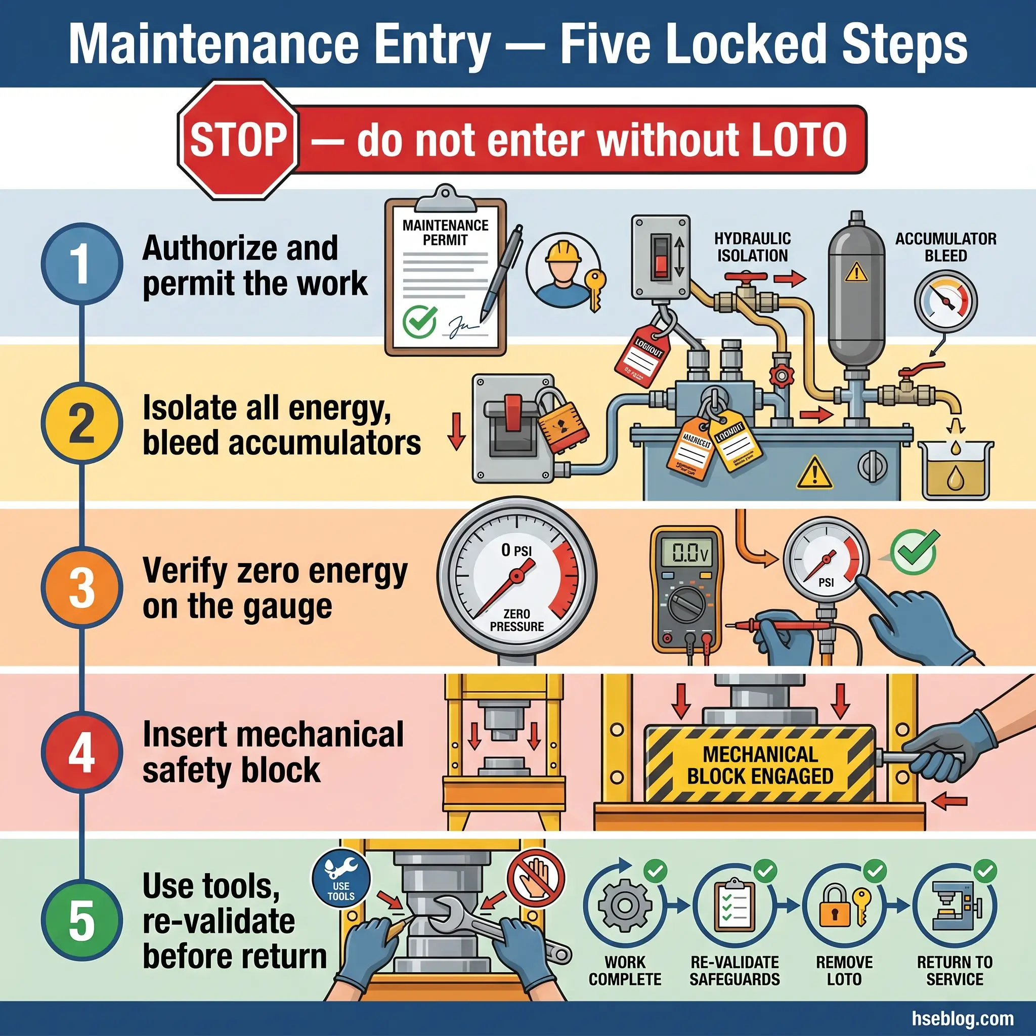 Infographic showing five sequential steps for safe maintenance entry including authorization, energy isolation, pressure verification, mechanical blocking, and tool validation with lockout-tagout procedures.