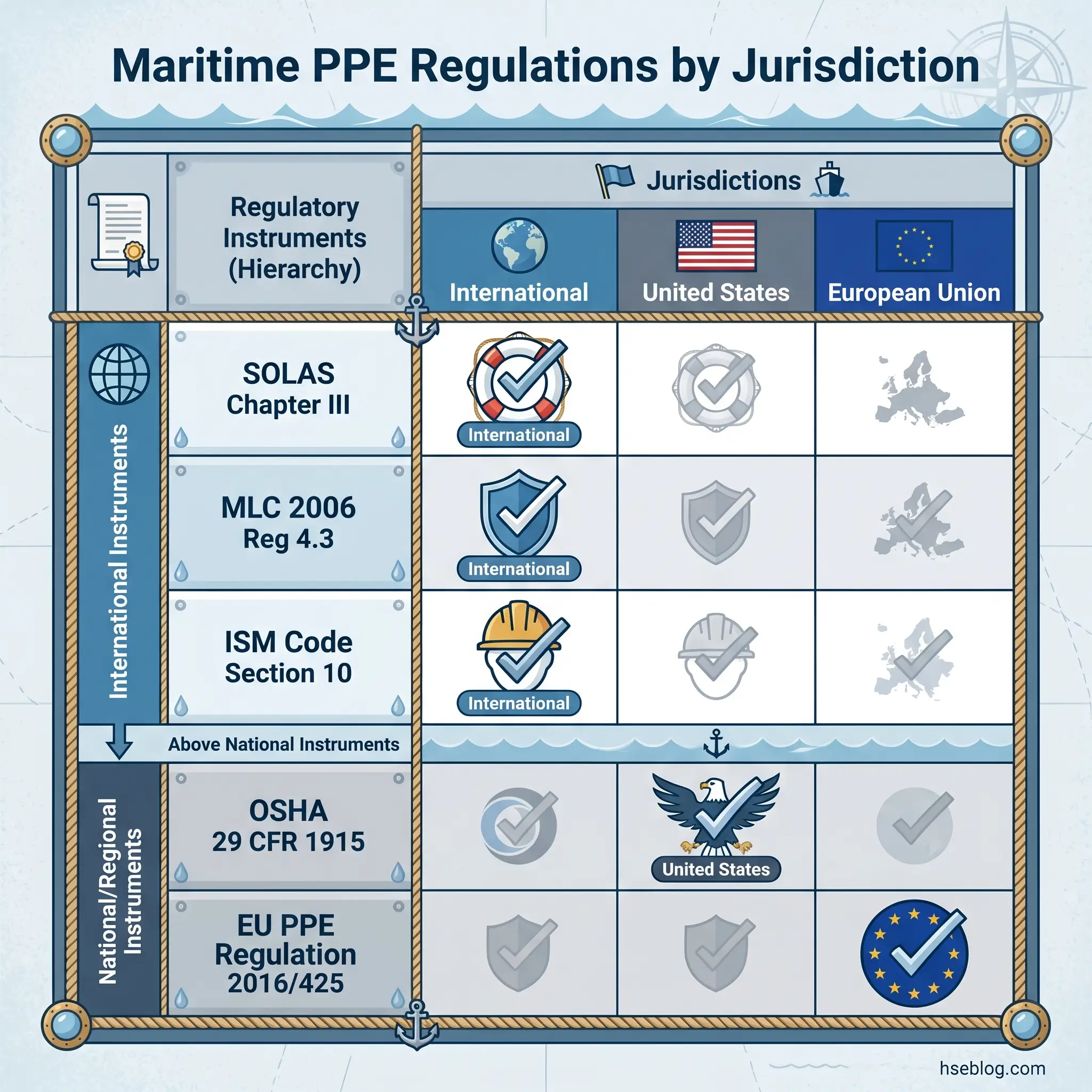 Chart showing maritime PPE regulations hierarchy across international, United States, and European Union jurisdictions, including SOLAS, MLC 2006, ISM Code, OSHA, and EU PPE Regulation standards.