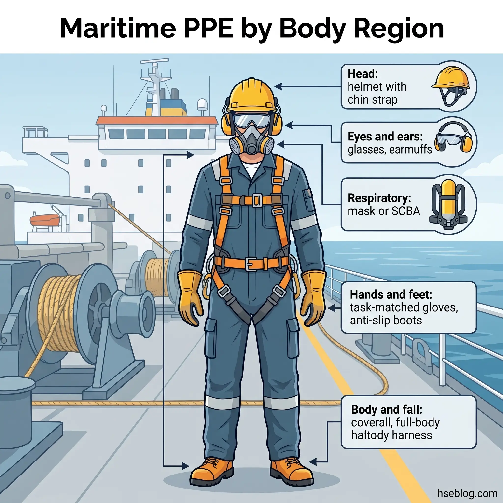 Illustrated guide showing a maritime worker in full protective equipment on a ship deck, with labeled PPE components for head, eyes, ears, respiratory, hands, feet, body and fall protection.