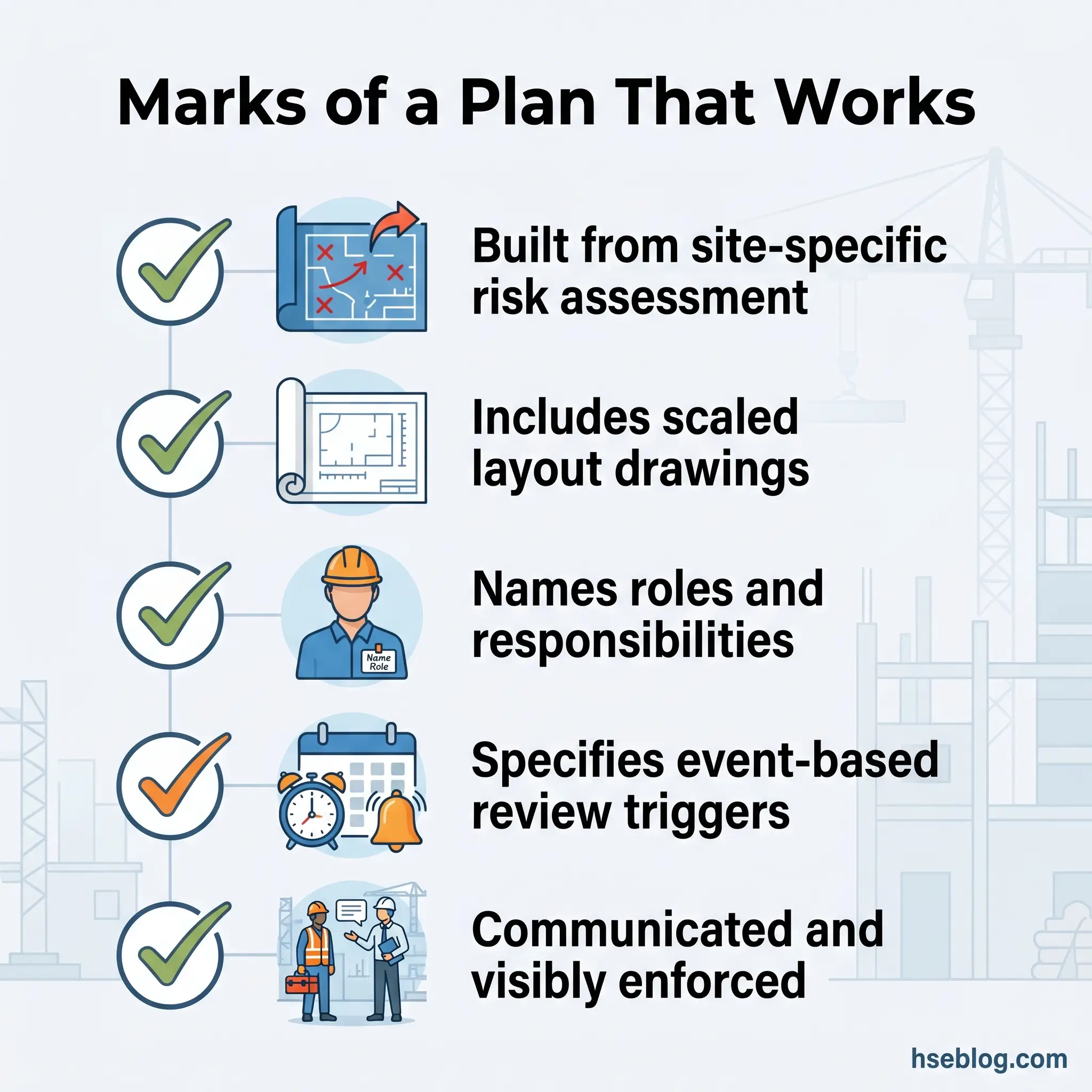Infographic showing five key characteristics of an effective safety plan: site-specific risk assessment, scaled layout drawings, defined roles and responsibilities, event-based review triggers, and communication and enforcement.