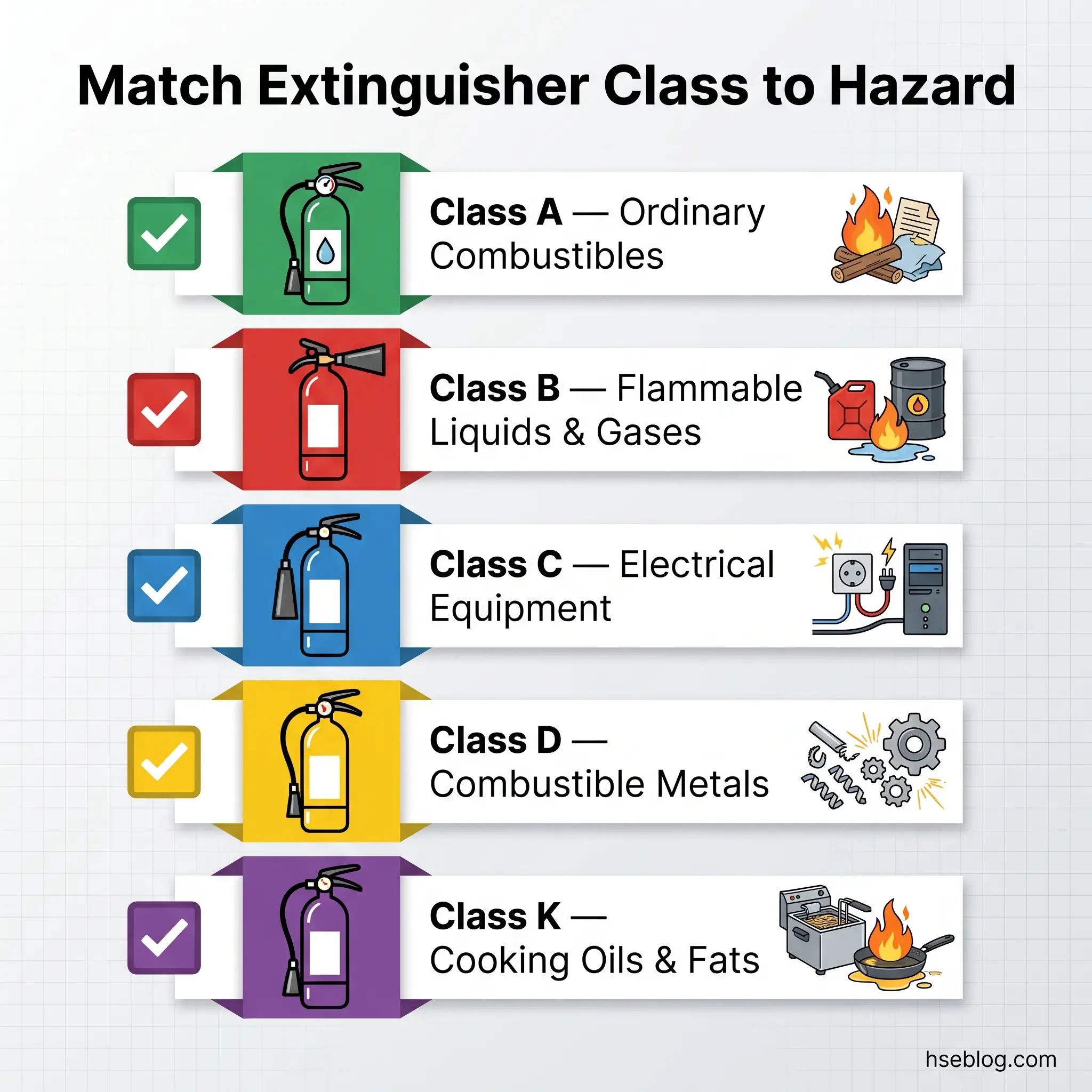 Chart showing five fire extinguisher classes matched to their hazard types: Class A for ordinary combustibles, Class B for flammable liquids and gases, Class C for electrical equipment, Class D for combustible metals, and Class K for cooking oils and fats.